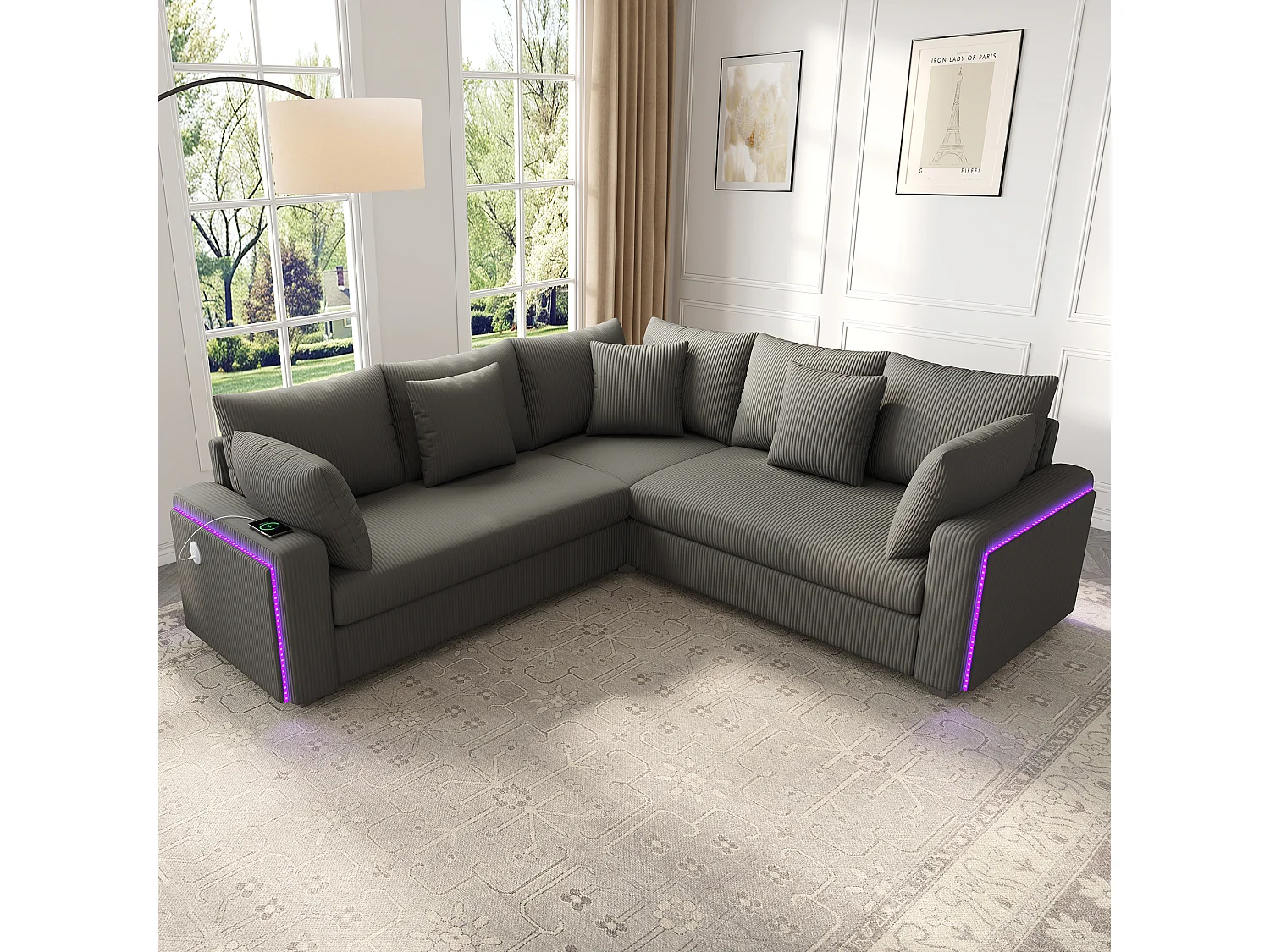 Canapé d'angle en L 5 places - 198 x 198 x 83 cm - avec Leds + t USB + coussins assortis  - velours - beige