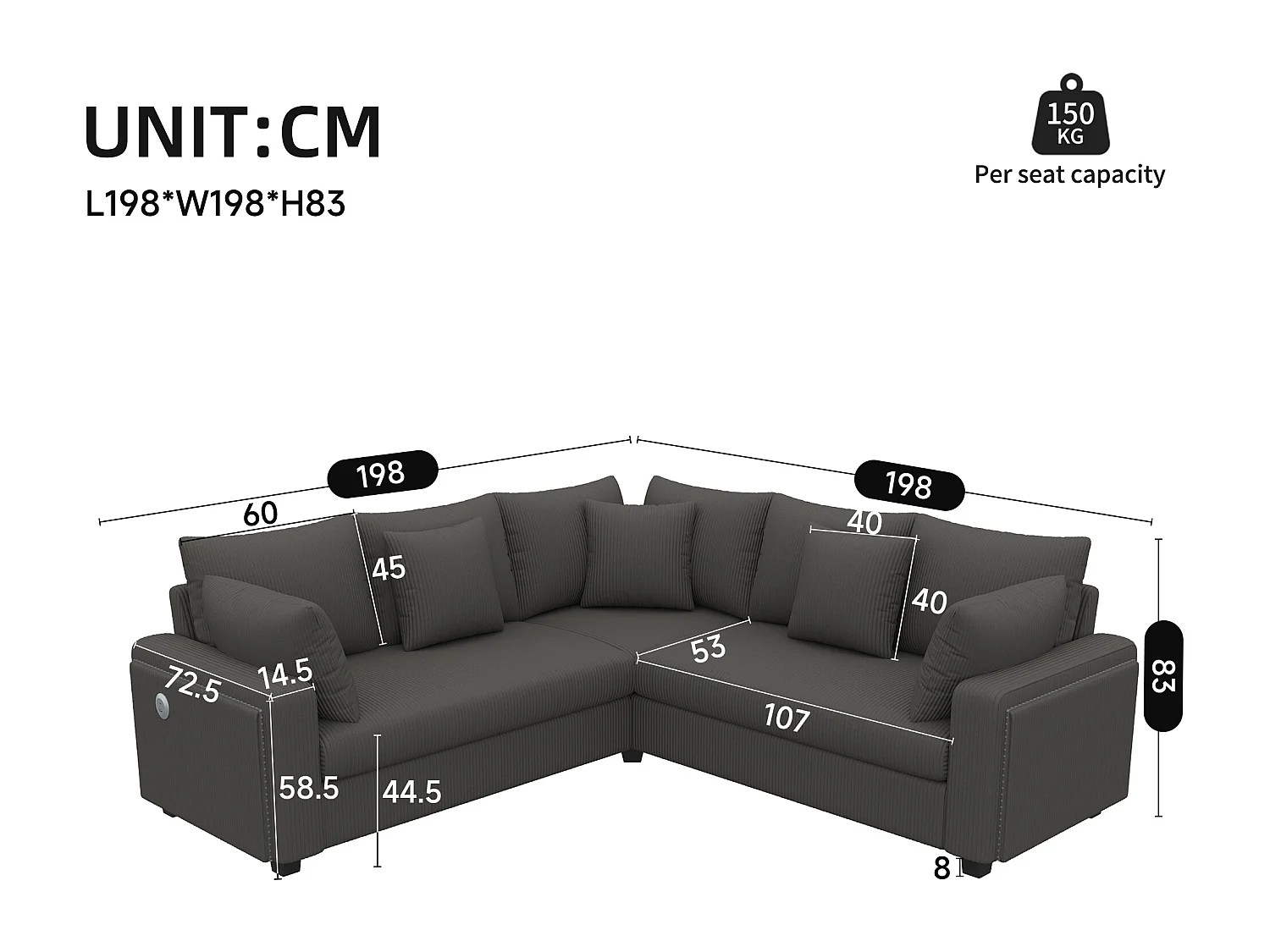 Canapé d'angle en L 5 places - 198 x 198 x 83 cm - avec Leds + t USB + coussins assortis  - velours - beige