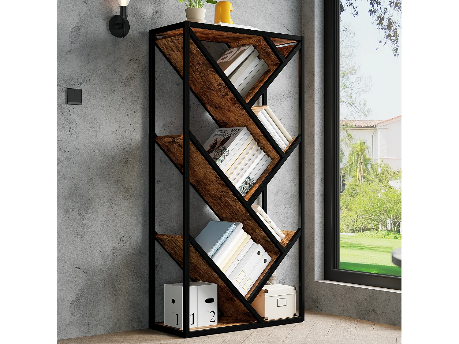 8-stufiges, baumförmiges Aufbewahrungsregal – 80 x 35 x 160 cm – für Schlafzimmer/Wohnzimmer/Büro – MDF – Schwarz + Braun