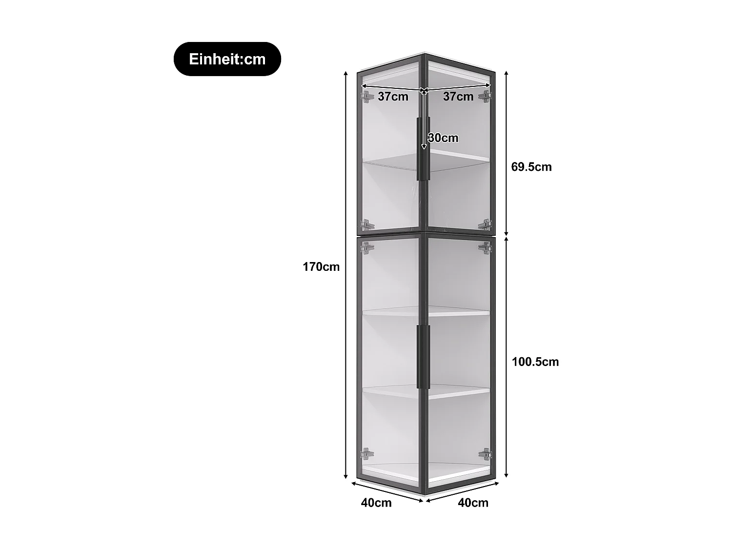 Moderne Vitrine – 40 x 40 x 170 cm – mit 5 Einlegeböden, LED-Beleuchtung und 2 Türen – Acryl + MDF – weiß