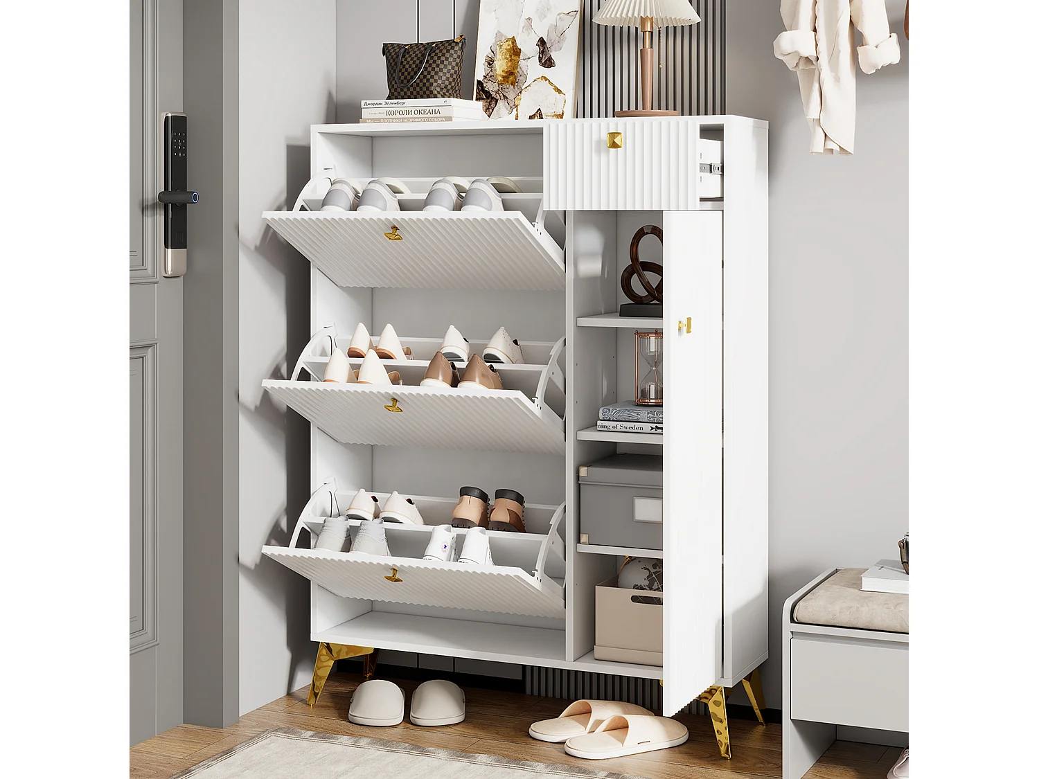 Schuhschrank mit 3 Klapptüren – 90 x 25 x 121 cm – mit 1 Schublade + 1 Tür – Spanplatte + Metall – weiß