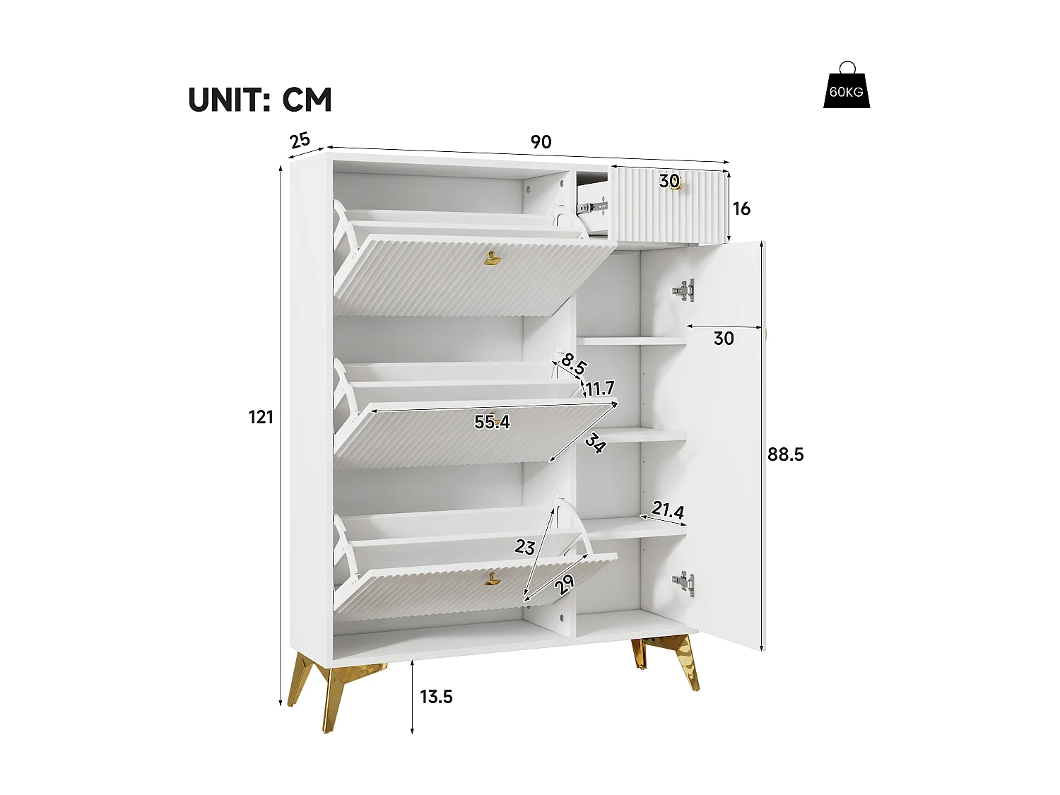 Schuhschrank mit 3 Klapptüren – 90 x 25 x 121 cm – mit 1 Schublade + 1 Tür – Spanplatte + Metall – weiß