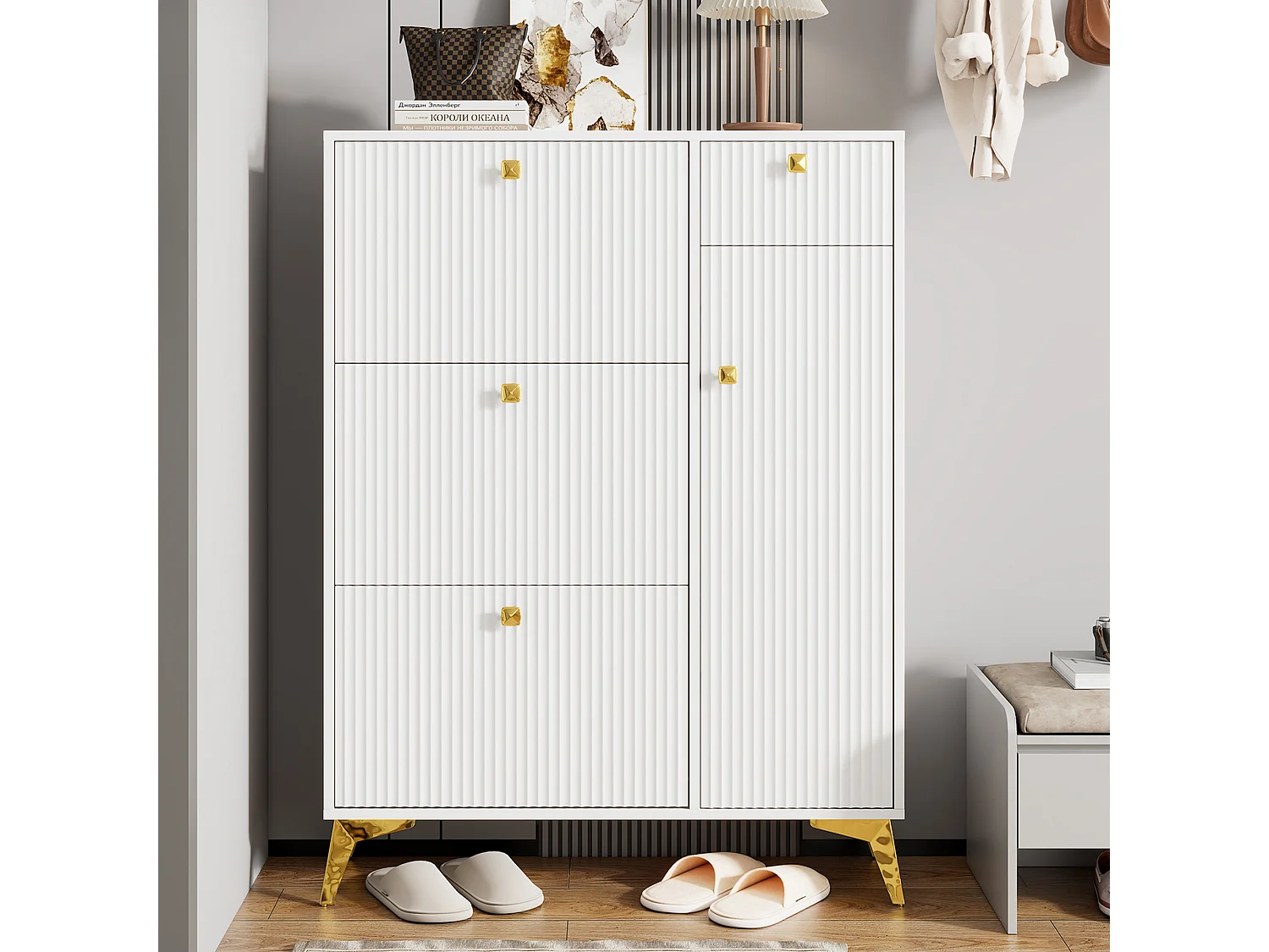 Schuhschrank mit 3 Klapptüren – 90 x 25 x 121 cm – mit 1 Schublade + 1 Tür – Spanplatte + Metall – weiß