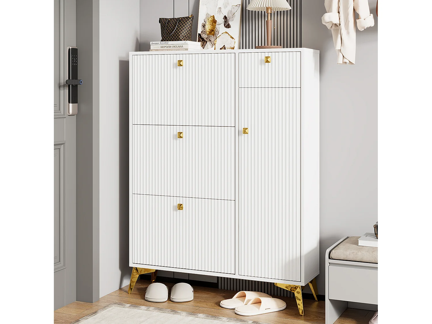 Schuhschrank mit 3 Klapptüren – 90 x 25 x 121 cm – mit 1 Schublade + 1 Tür – Spanplatte + Metall – weiß