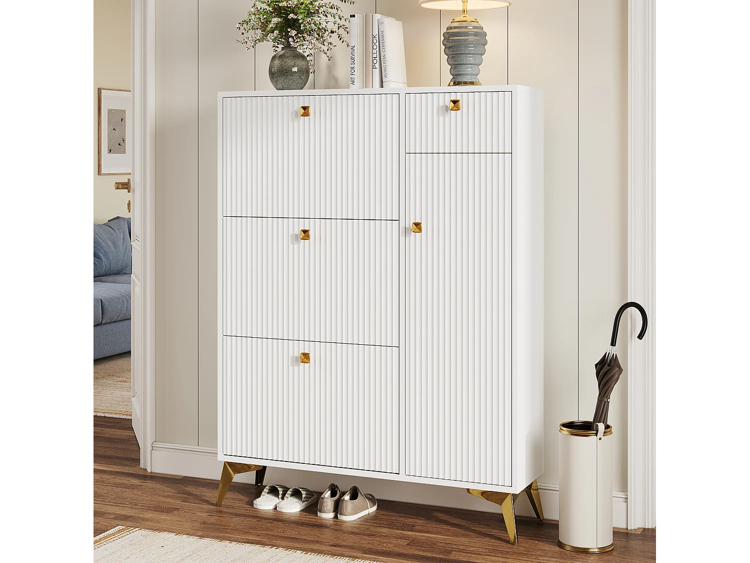 Schuhschrank mit 3 Klapptüren – 90 x 25 x 121 cm – mit 1 Schublade + 1 Tür – Spanplatte + Metall – weiß