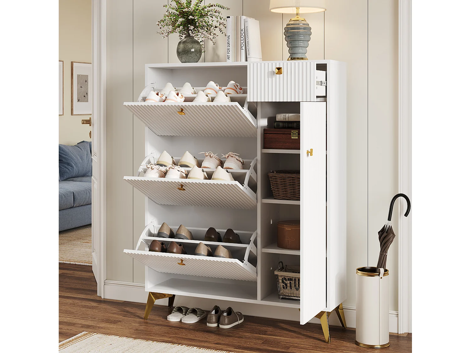 Schuhschrank mit 3 Klapptüren – 90 x 25 x 121 cm – mit 1 Schublade + 1 Tür – Spanplatte + Metall – weiß