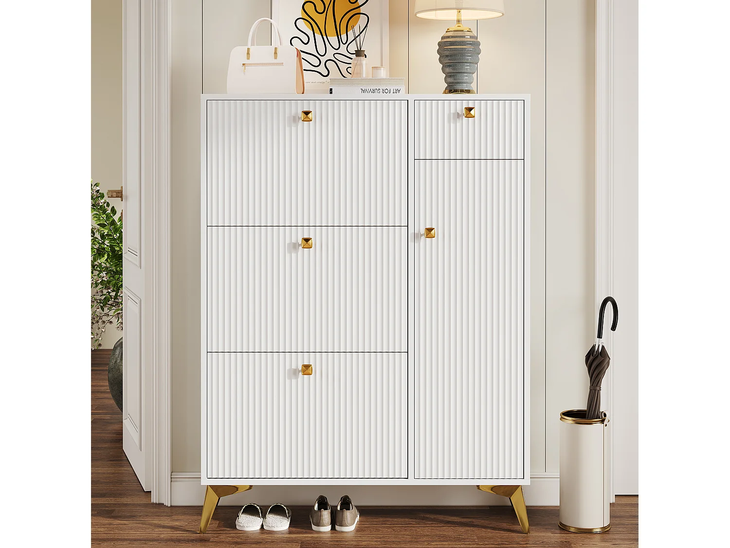 Schuhschrank mit 3 Klapptüren – 90 x 25 x 121 cm – mit 1 Schublade + 1 Tür – Spanplatte + Metall – weiß