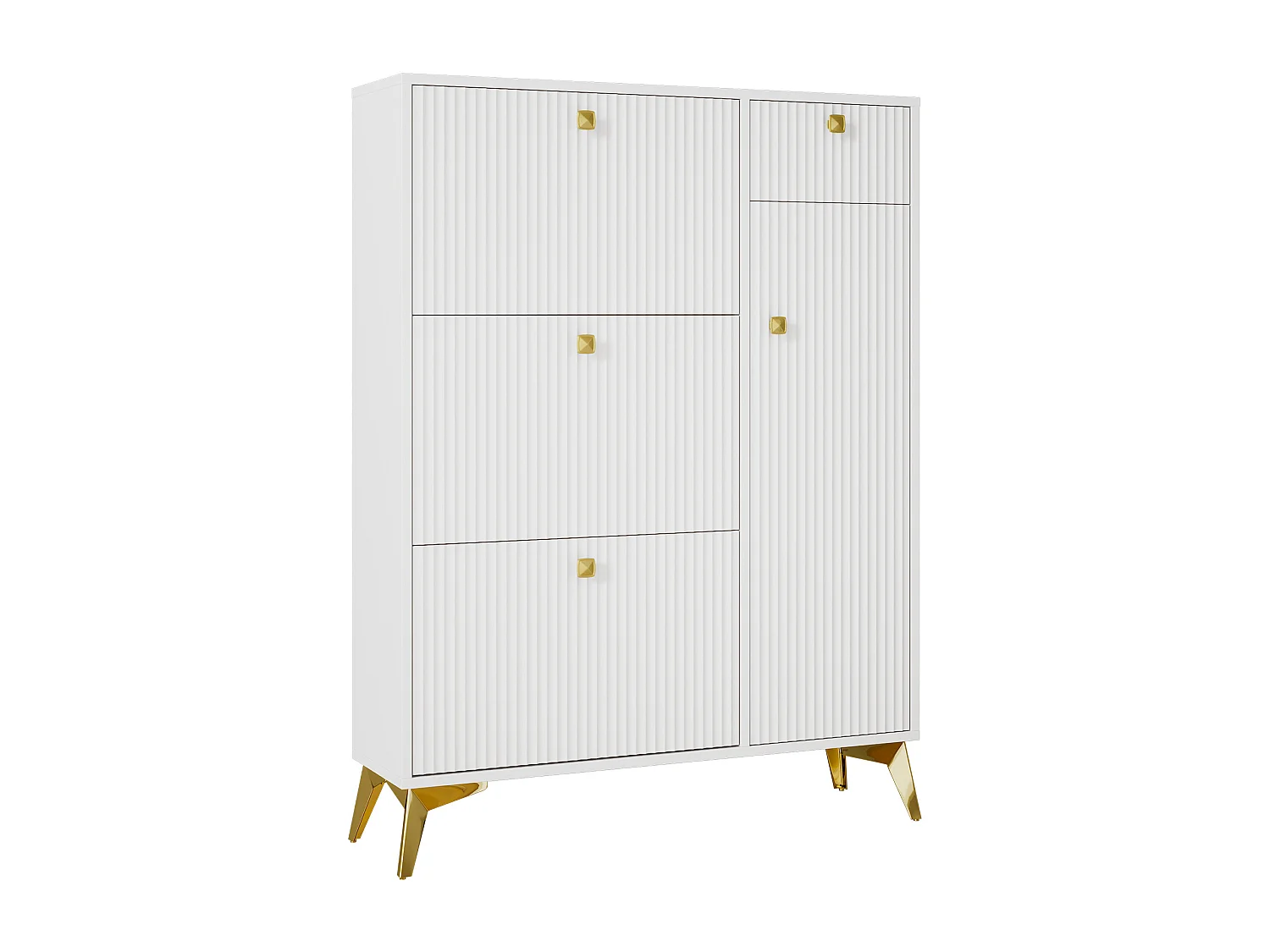 Schuhschrank mit 3 Klapptüren – 90 x 25 x 121 cm – mit 1 Schublade + 1 Tür – Spanplatte + Metall – weiß