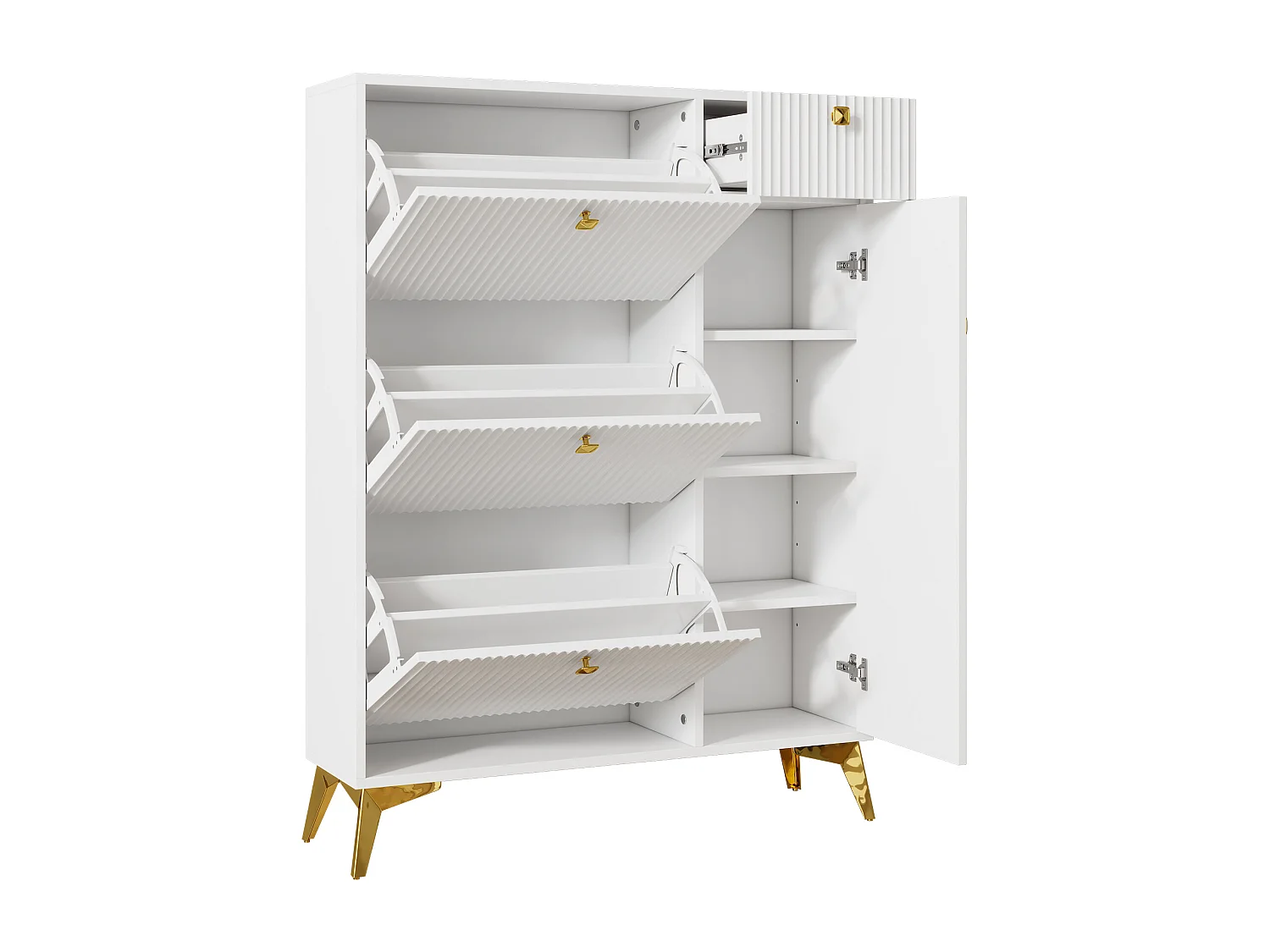 Schuhschrank mit 3 Klapptüren – 90 x 25 x 121 cm – mit 1 Schublade + 1 Tür – Spanplatte + Metall – weiß