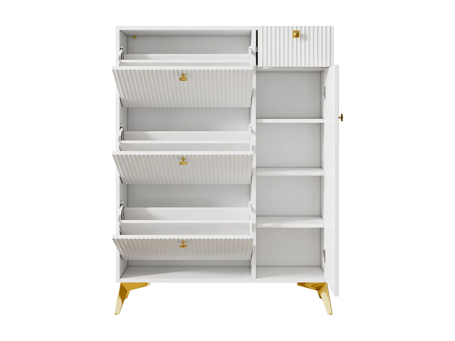 Schuhschrank mit 3 Klapptüren – 90 x 25 x 121 cm – mit 1 Schublade + 1 Tür – Spanplatte + Metall – weiß