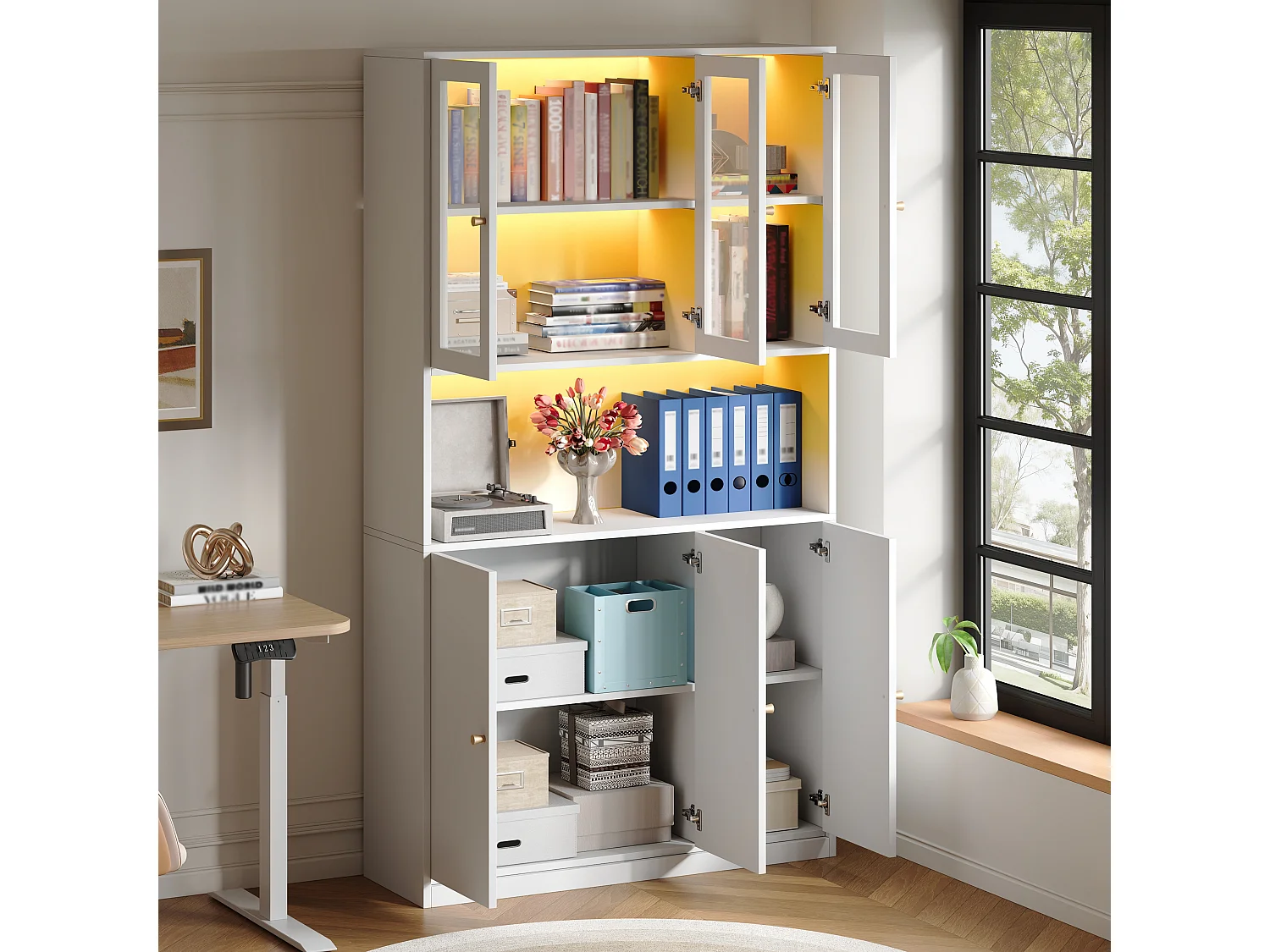 Moderne Vitrine – 100 x 35 x 200 cm – mit Glastüren, LED-Beleuchtung, offenem Fach und 3 Türen – MDF – weiß