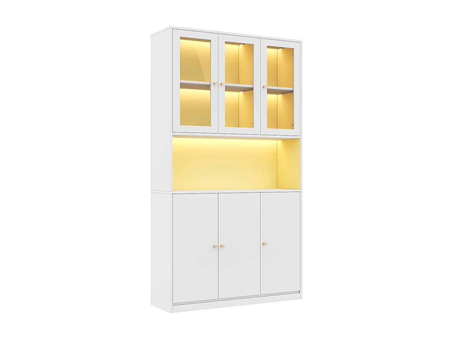Moderne Vitrine – 100 x 35 x 200 cm – mit Glastüren, LED-Beleuchtung, offenem Fach und 3 Türen – MDF – weiß