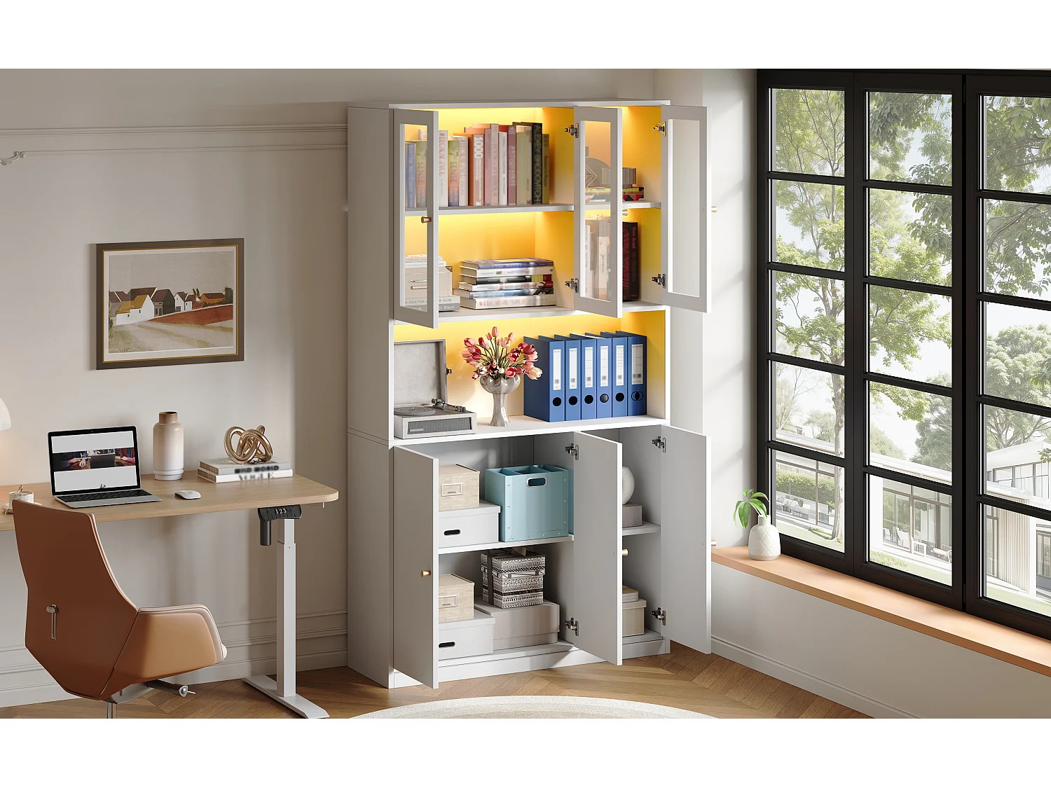 Moderne Vitrine – 100 x 35 x 200 cm – mit Glastüren, LED-Beleuchtung, offenem Fach und 3 Türen – MDF – weiß