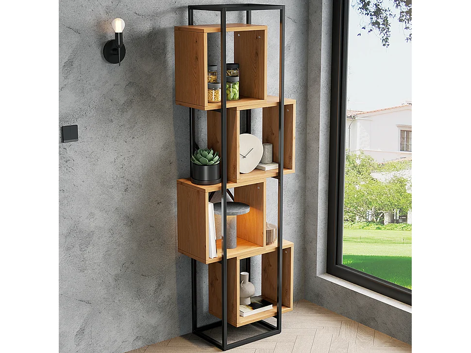 Freistehendes Aufbewahrungsregal – 59 x 30 x 180 cm – Metall-Bücherregal mit 4 Fächern – MDF – schwarz + braun