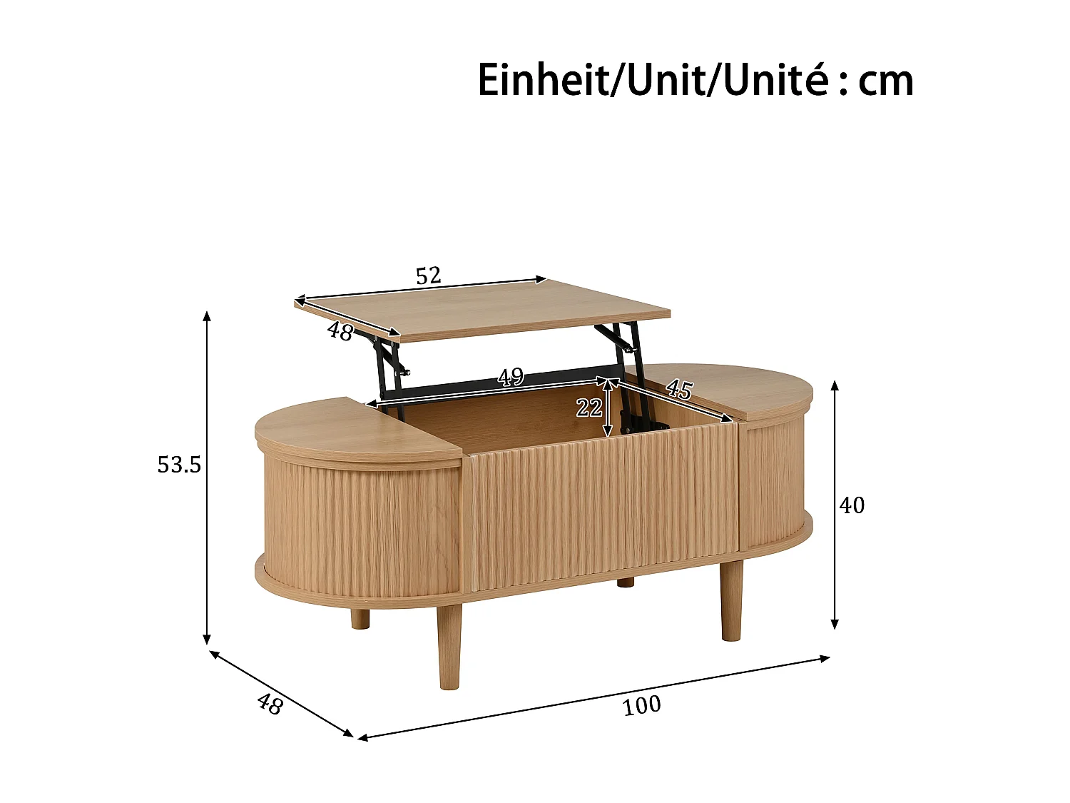 Ovaler Couchtisch mit Hebemechanismus – 100 x 48 x 53,5 cm – Vintage-Stil – mit Stauraum – MDF – natur