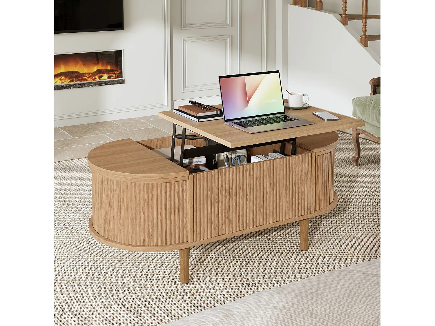 Ovaler Couchtisch mit Hebemechanismus – 100 x 48 x 53,5 cm – Vintage-Stil – mit Stauraum – MDF – natur