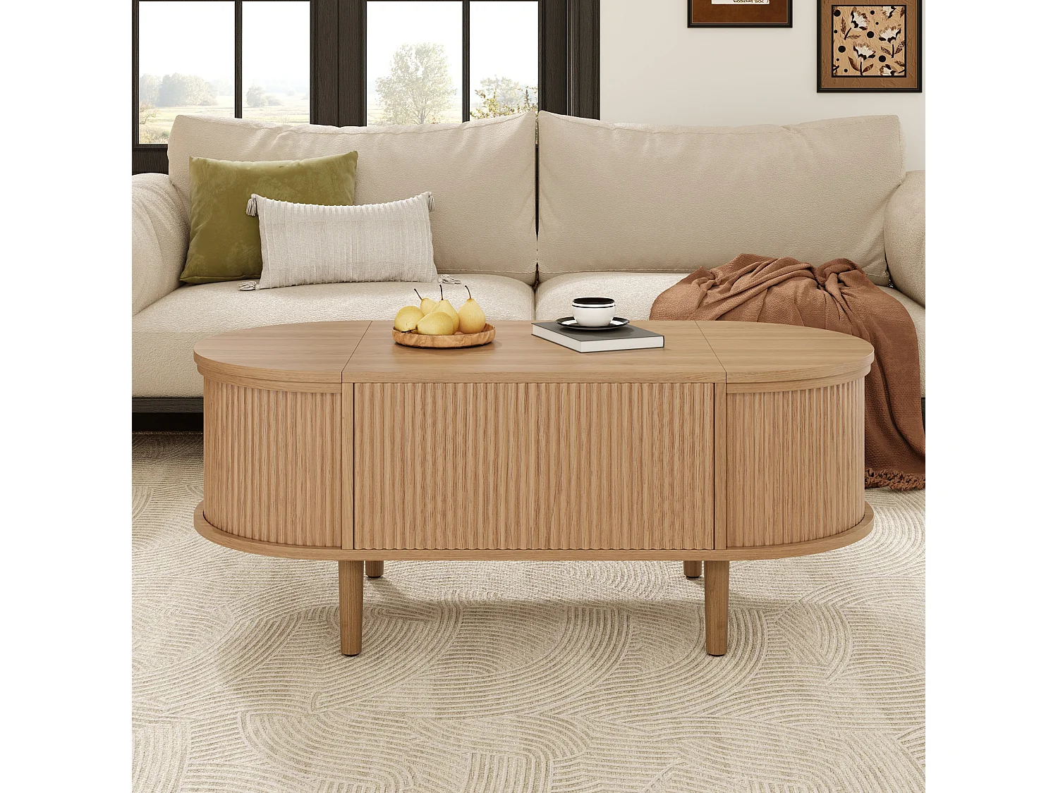 Ovaler Couchtisch mit Hebemechanismus – 100 x 48 x 53,5 cm – Vintage-Stil – mit Stauraum – MDF – natur