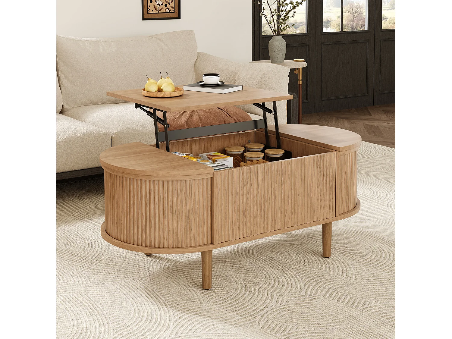 Ovaler Couchtisch mit Hebemechanismus – 100 x 48 x 53,5 cm – Vintage-Stil – mit Stauraum – MDF – natur