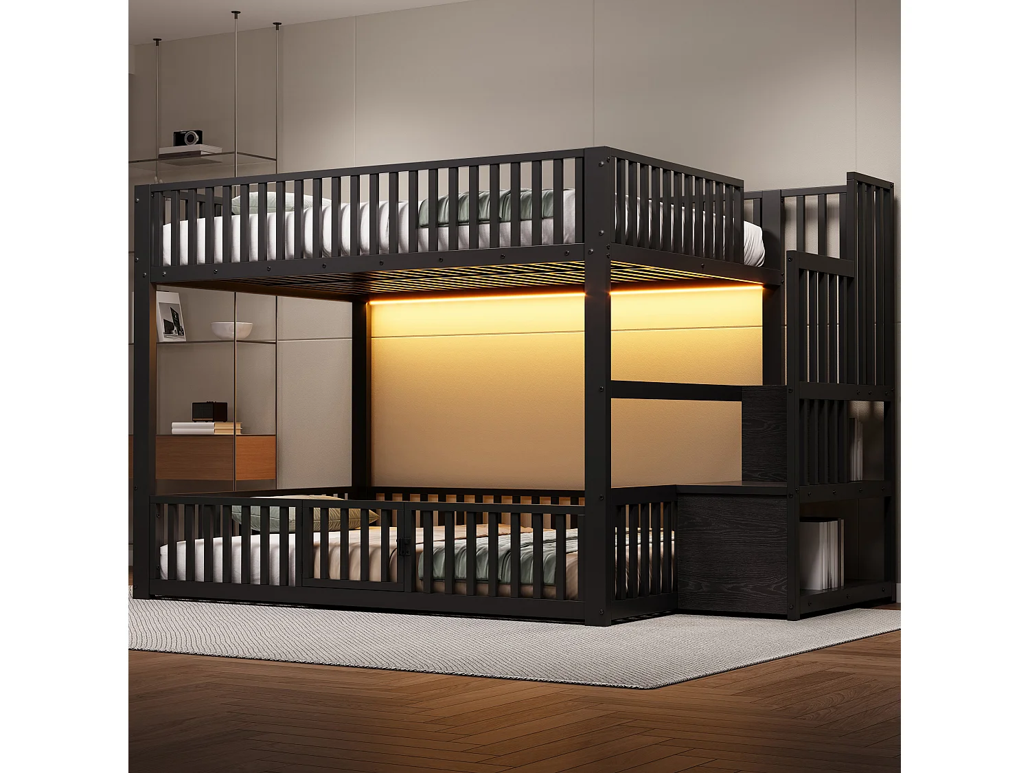 Kinder-Etagenbett – 2 x 140 x 200 cm – mit Leiter mit Stauraum und LED-Beleuchtung – MDF + Metall – schwarz