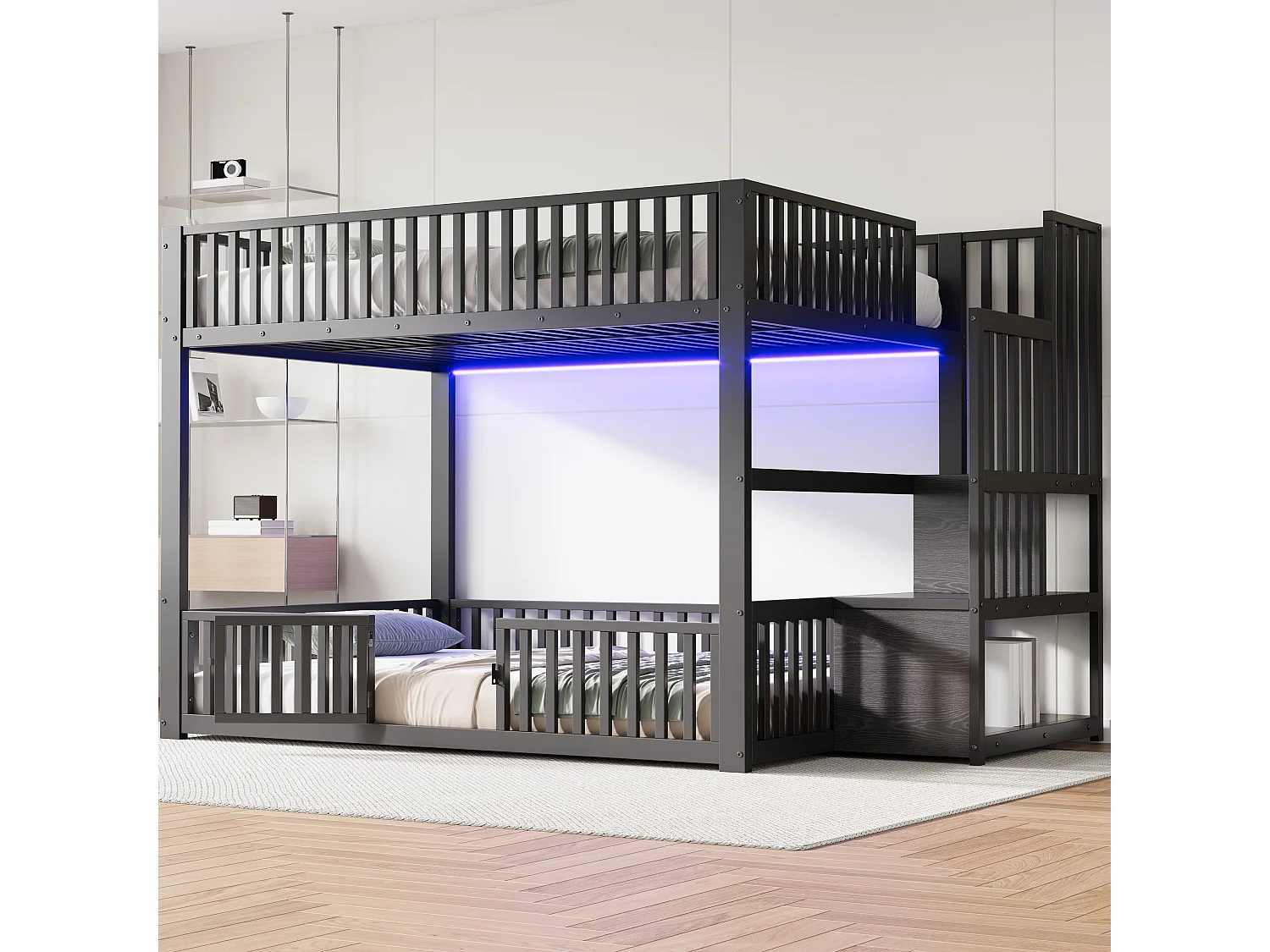 Kinder-Etagenbett – 2 x 140 x 200 cm – mit Leiter mit Stauraum und LED-Beleuchtung – MDF + Metall – schwarz