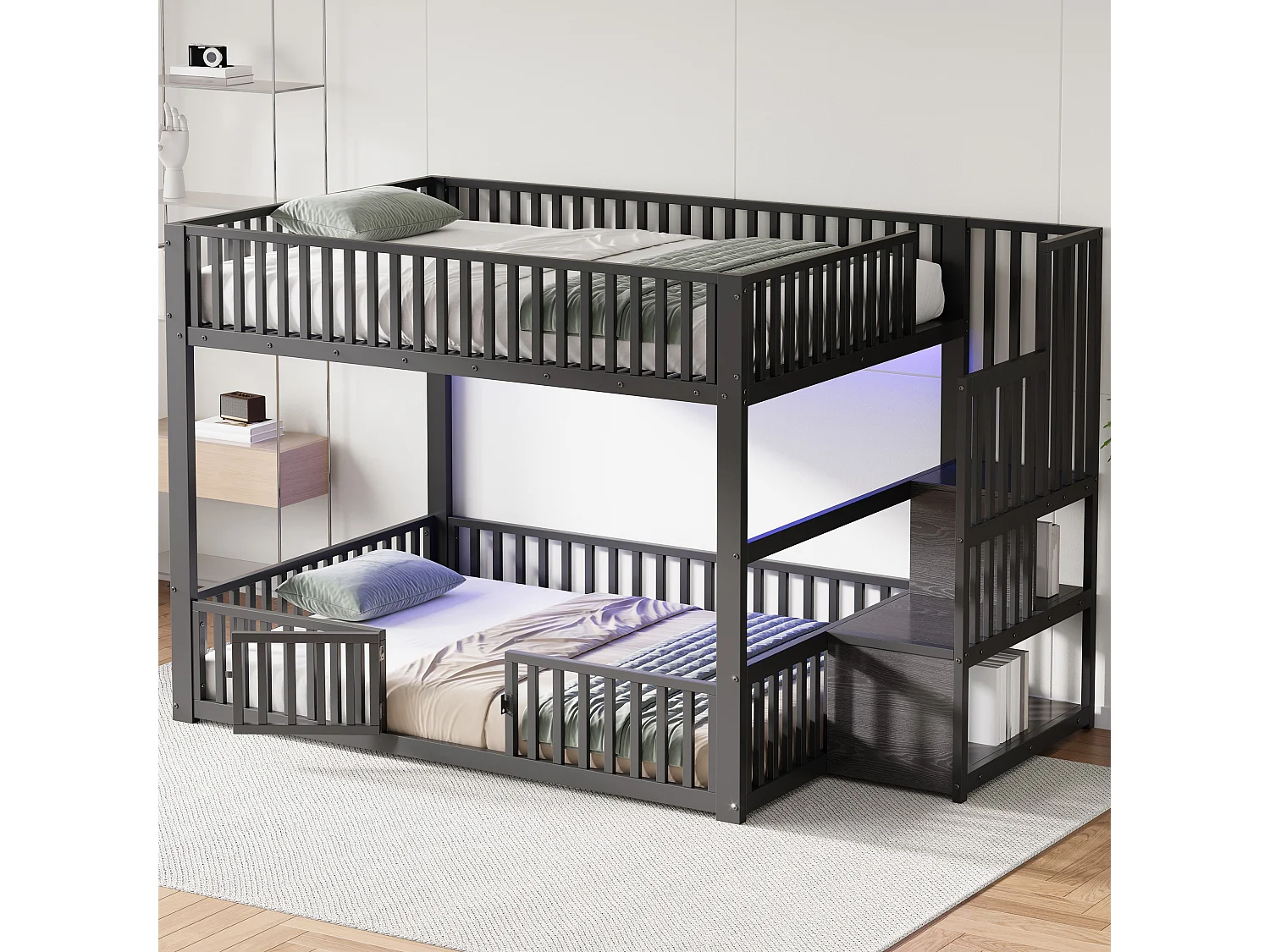 Kinder-Etagenbett – 2 x 140 x 200 cm – mit Leiter mit Stauraum und LED-Beleuchtung – MDF + Metall – schwarz