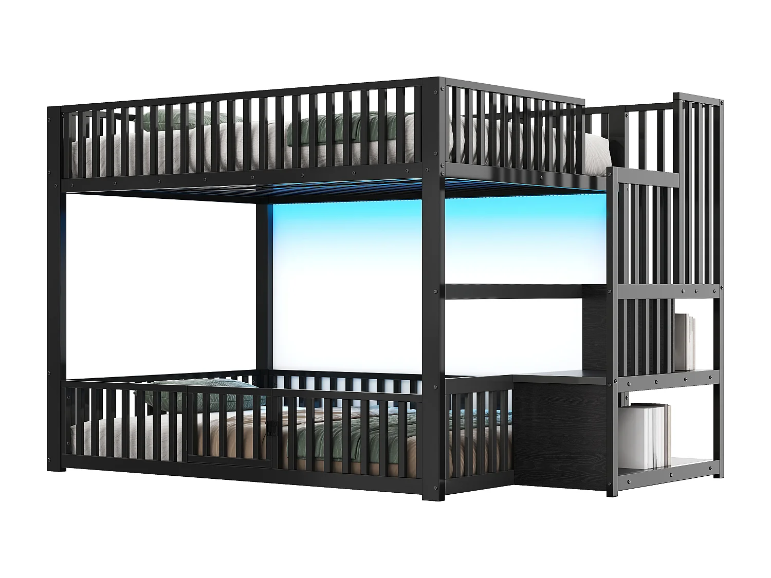 Kinder-Etagenbett – 2 x 140 x 200 cm – mit Leiter mit Stauraum und LED-Beleuchtung – MDF + Metall – schwarz