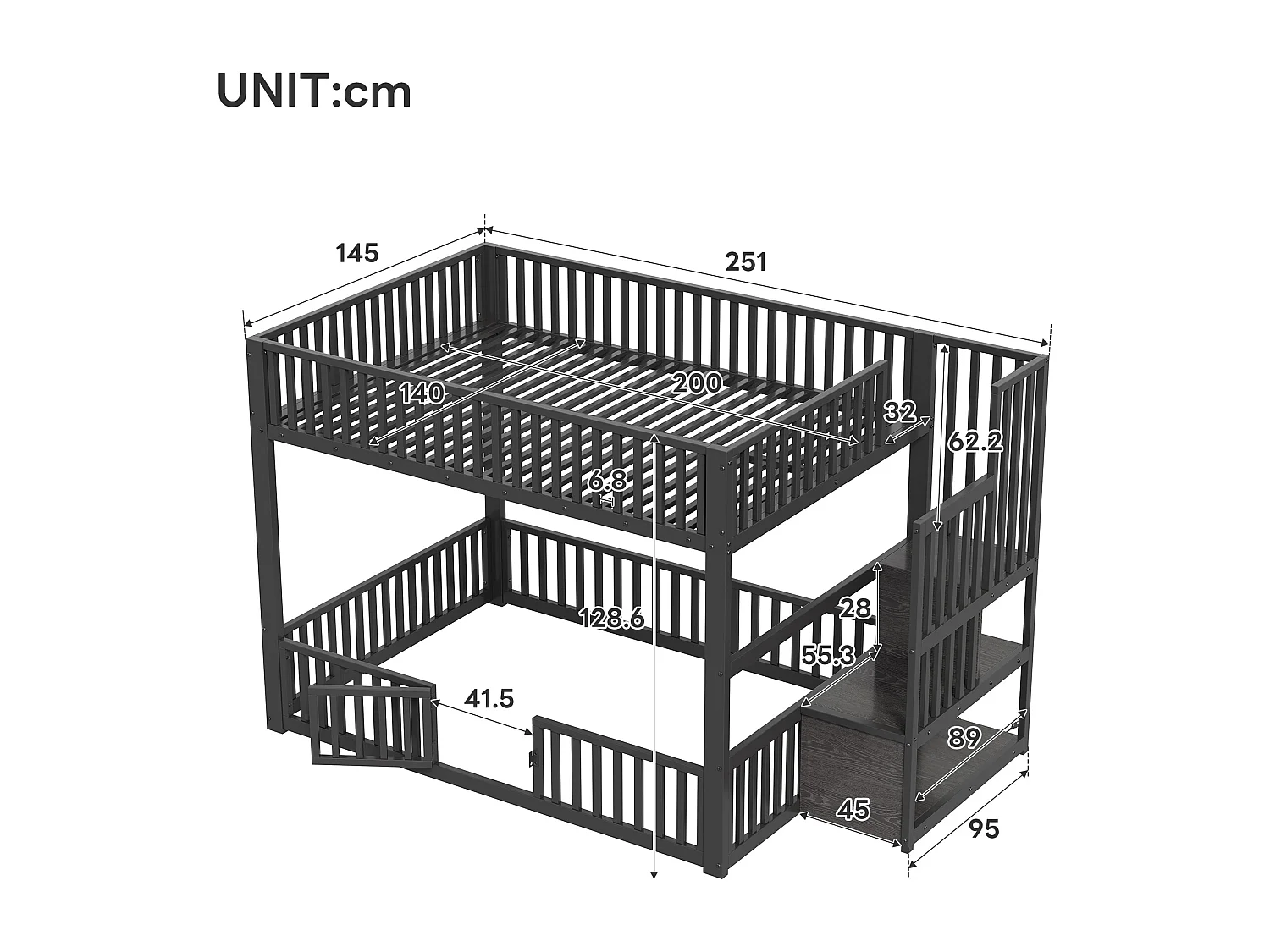 Kinder-Etagenbett – 2 x 140 x 200 cm – mit Leiter mit Stauraum und LED-Beleuchtung – MDF + Metall – schwarz