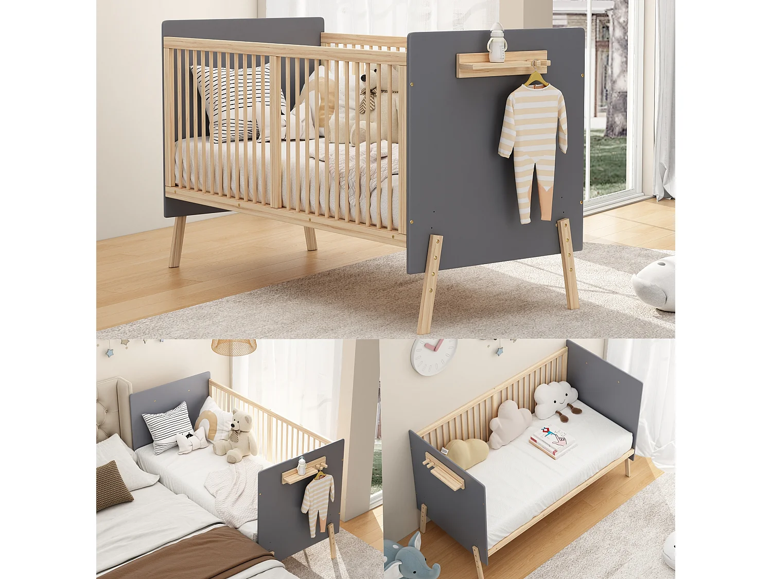 In hoogte verstelbaar houten babybedje - 140 x 70 x 86 cm - zonder matras - naturel + blauwgrijs
