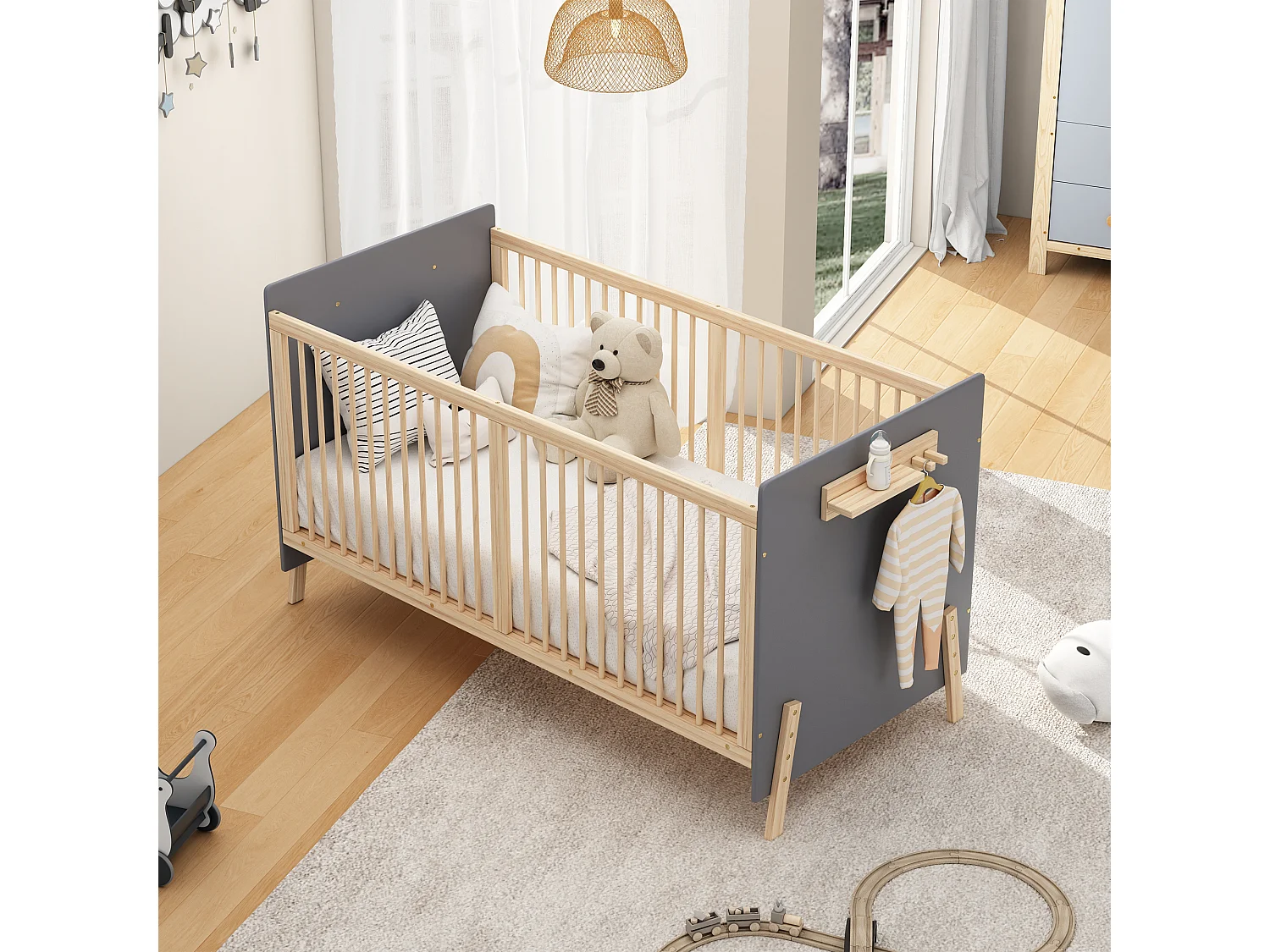In hoogte verstelbaar houten babybedje - 140 x 70 x 86 cm - zonder matras - naturel + blauwgrijs