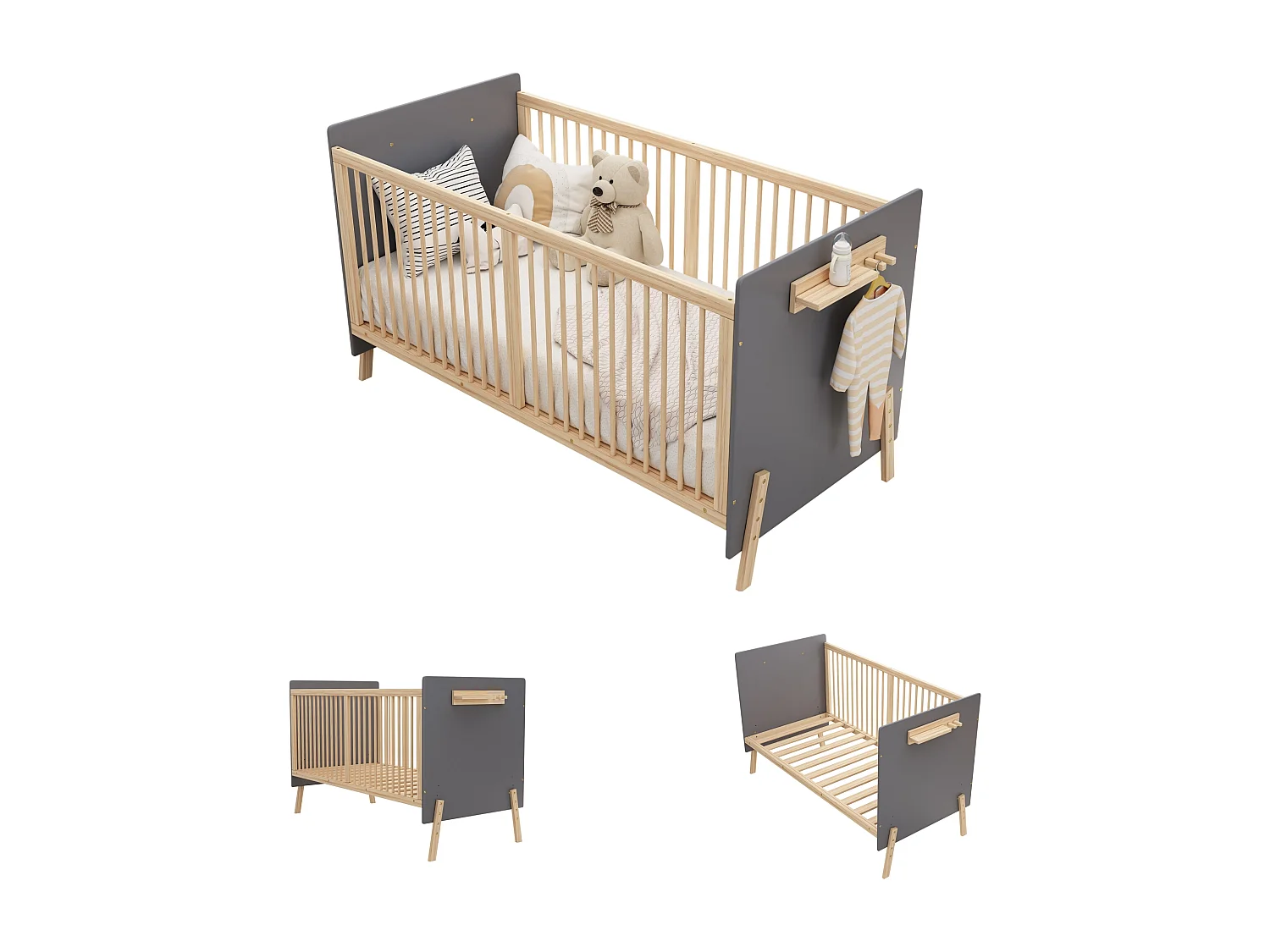 In hoogte verstelbaar houten babybedje - 140 x 70 x 86 cm - zonder matras - naturel + blauwgrijs