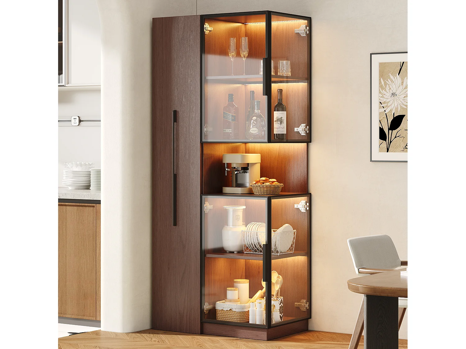 Vitrine mit Glastüren und LED-Beleuchtung – 70 x 38 x 160 cm – mit ausziehbarem Seitenboden – MDF – braun
