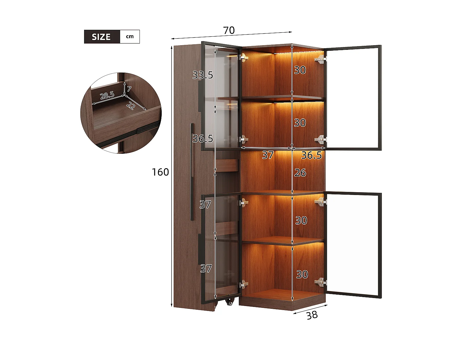 Vitrine mit Glastüren und LED-Beleuchtung – 70 x 38 x 160 cm – mit ausziehbarem Seitenboden – MDF – braun