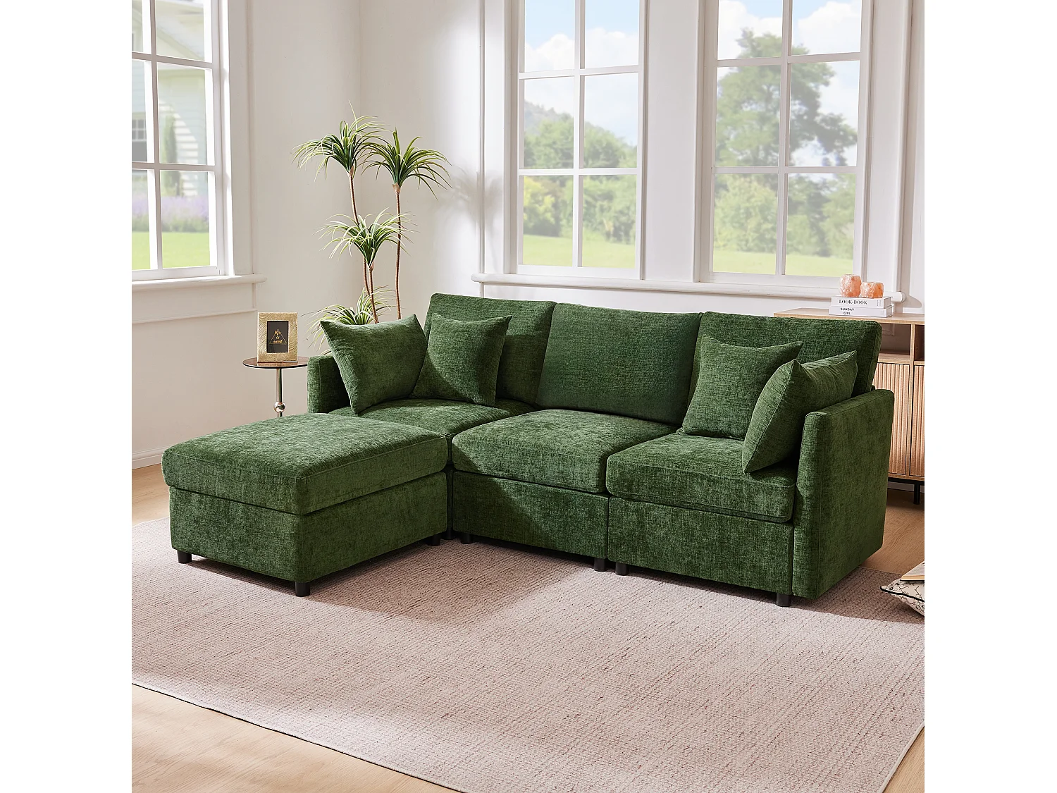 Sofá de canto em L de 3 lugares - 216 x 161 x 81 cm - com 4 almofadas + pufe - veludo - verde