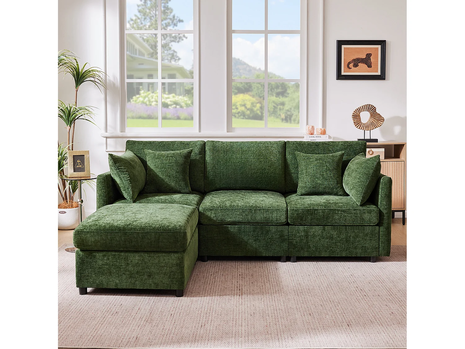 Sofá de canto em L de 3 lugares - 216 x 161 x 81 cm - com 4 almofadas + pufe - veludo - verde