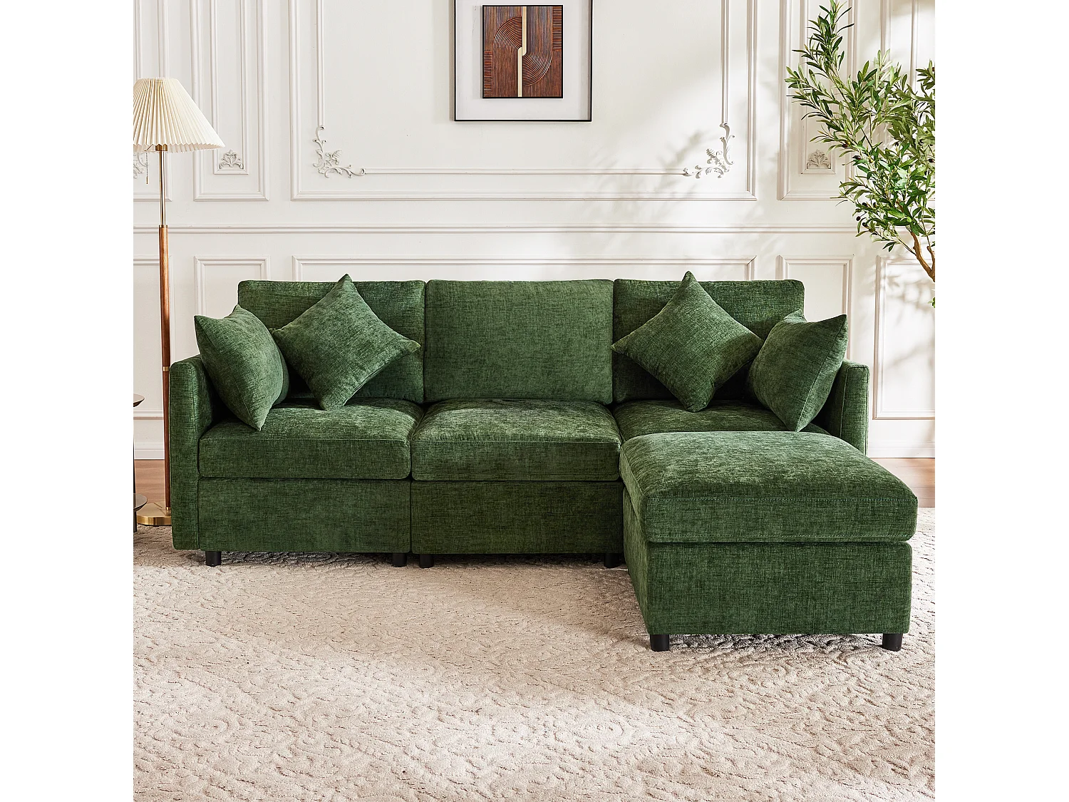 Sofá de canto em L de 3 lugares - 216 x 161 x 81 cm - com 4 almofadas + pufe - veludo - verde