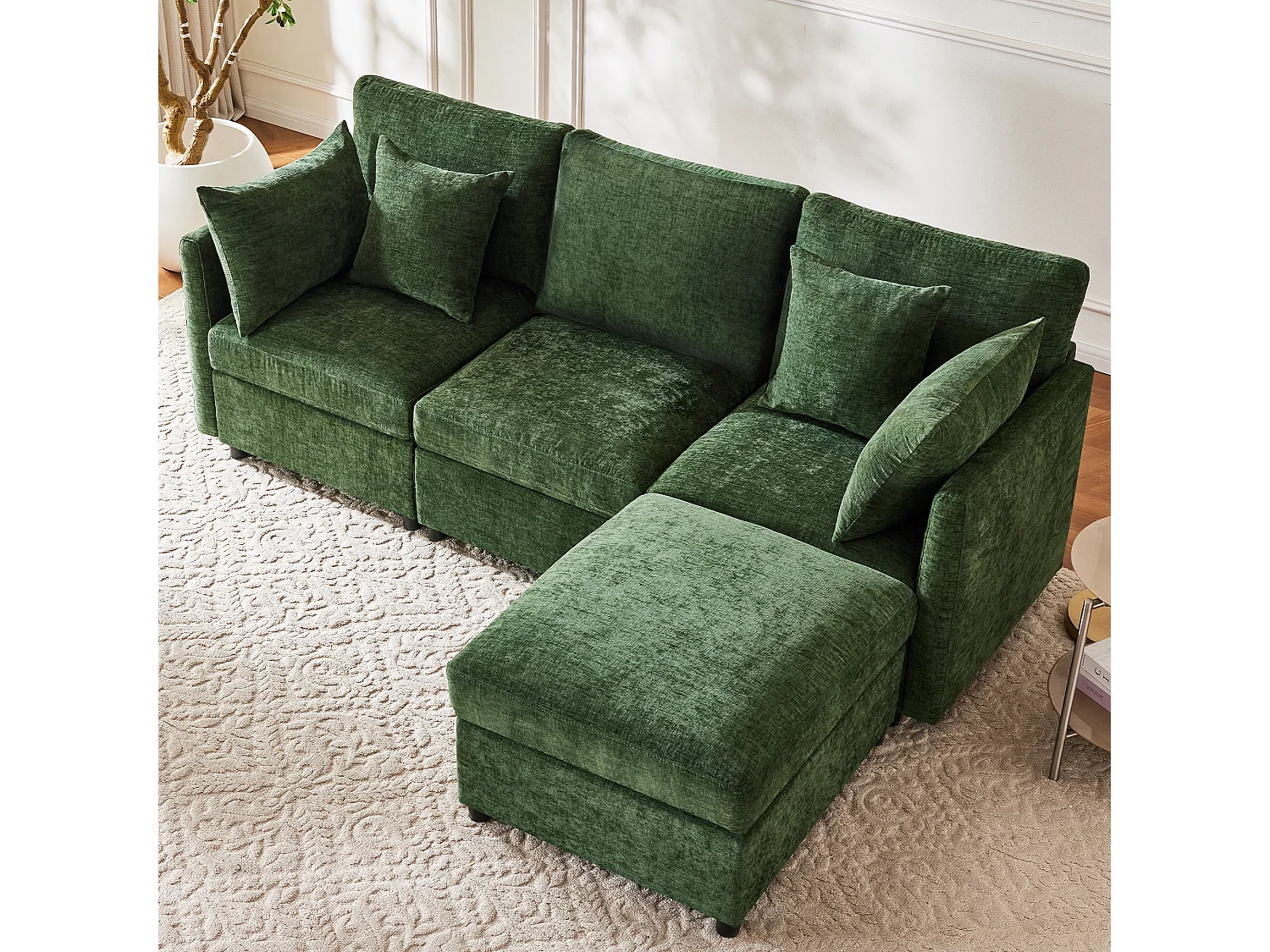 Sofá de canto em L de 3 lugares - 216 x 161 x 81 cm - com 4 almofadas + pufe - veludo - verde