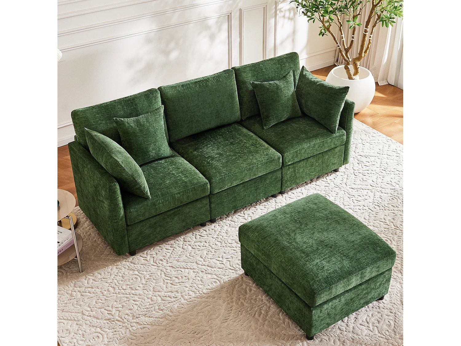 Sofá de canto em L de 3 lugares - 216 x 161 x 81 cm - com 4 almofadas + pufe - veludo - verde