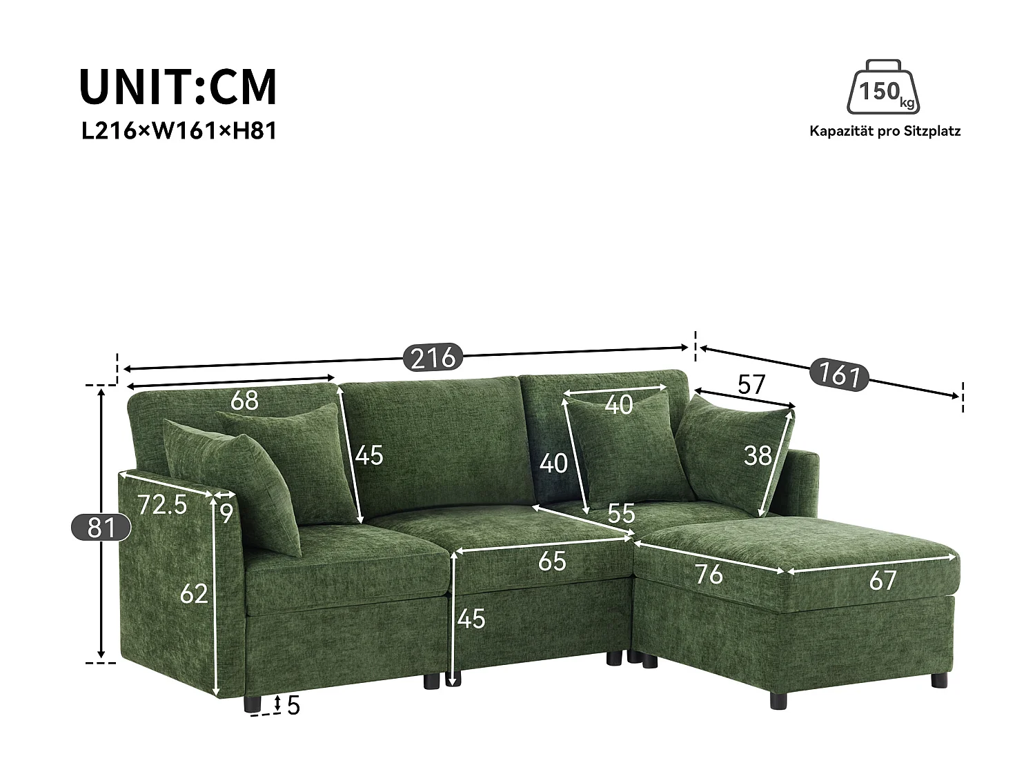 Sofá de canto em L de 3 lugares - 216 x 161 x 81 cm - com 4 almofadas + pufe - veludo - verde