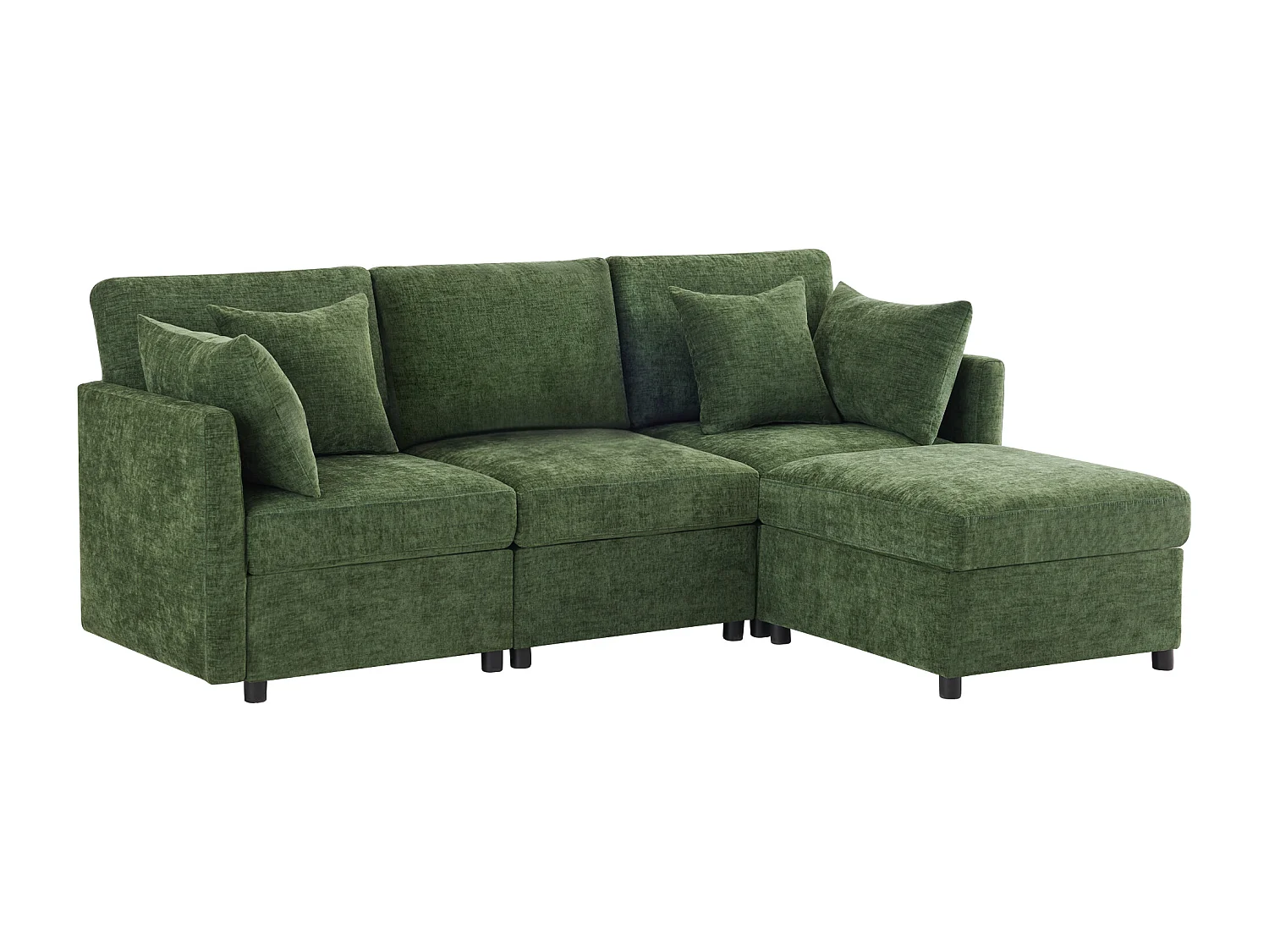 Sofá de canto em L de 3 lugares - 216 x 161 x 81 cm - com 4 almofadas + pufe - veludo - verde