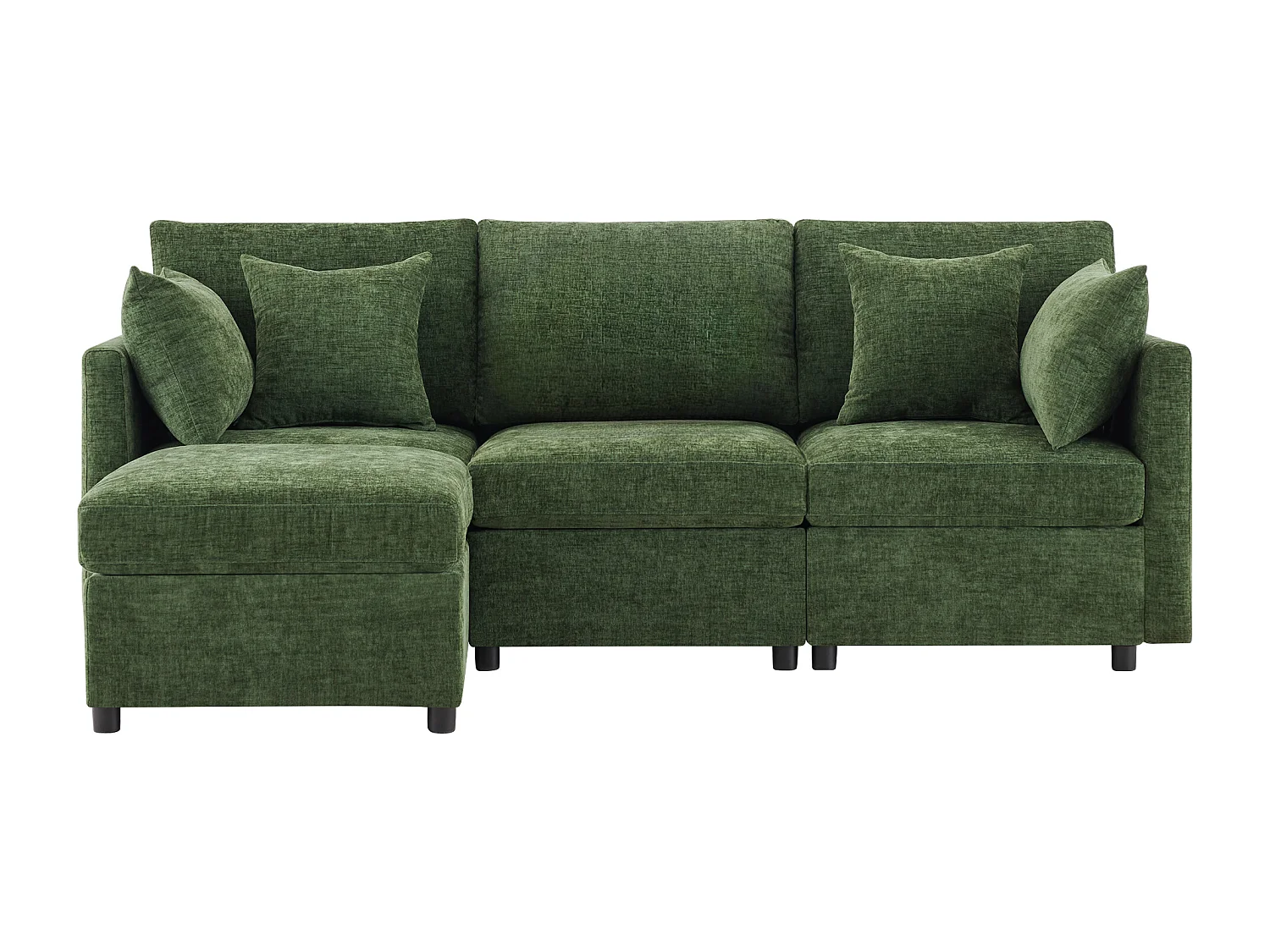 Sofá de canto em L de 3 lugares - 216 x 161 x 81 cm - com 4 almofadas + pufe - veludo - verde