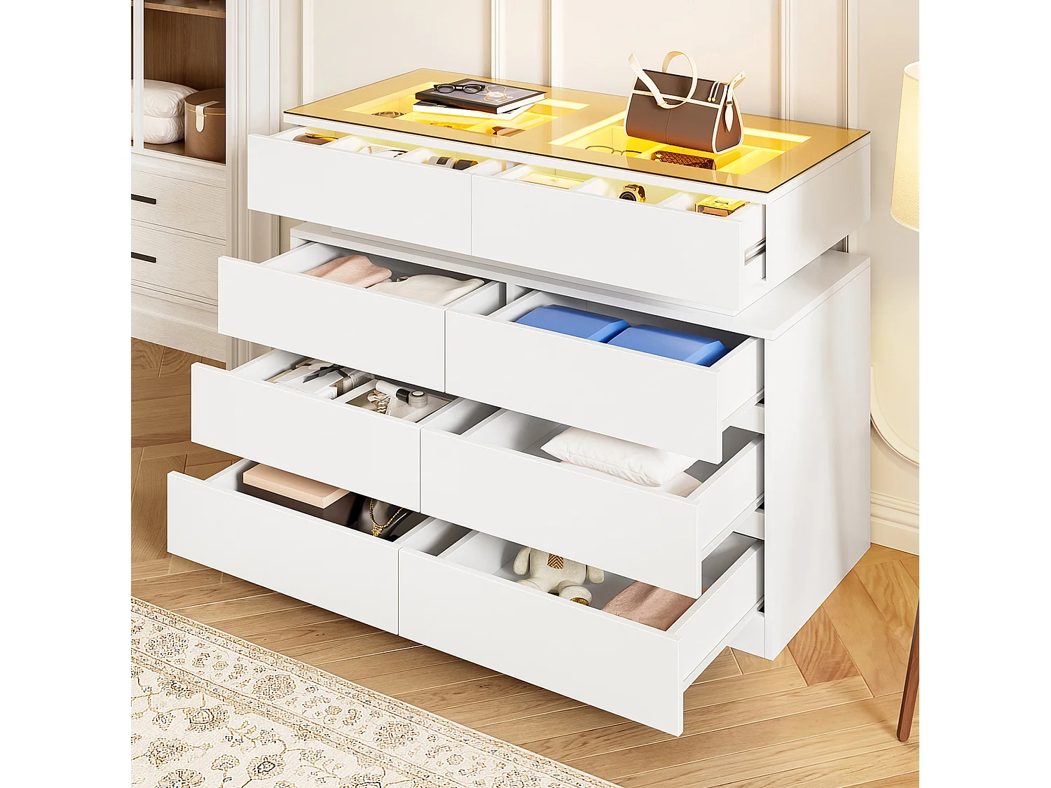 Sideboard aus Glas mit LED-Beleuchtung und 8 Schubladen – 100 x 45 x 76 cm – Glas + Spanplatte – weiß