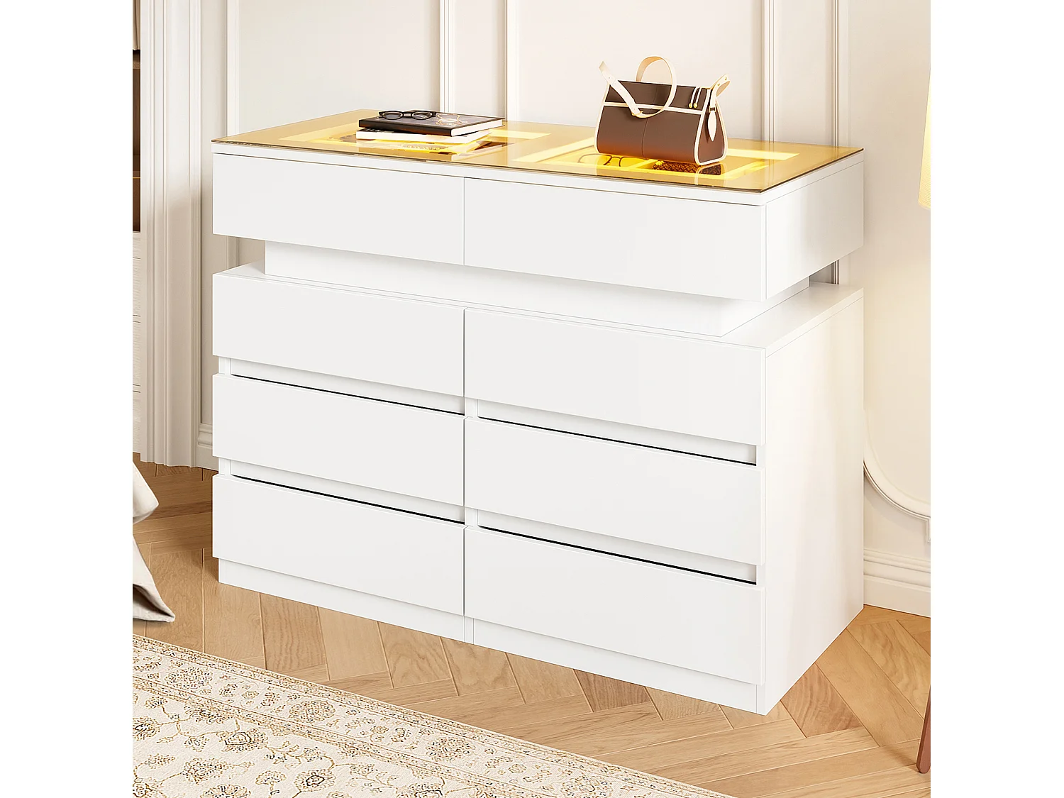 Sideboard aus Glas mit LED-Beleuchtung und 8 Schubladen – 100 x 45 x 76 cm – Glas + Spanplatte – weiß