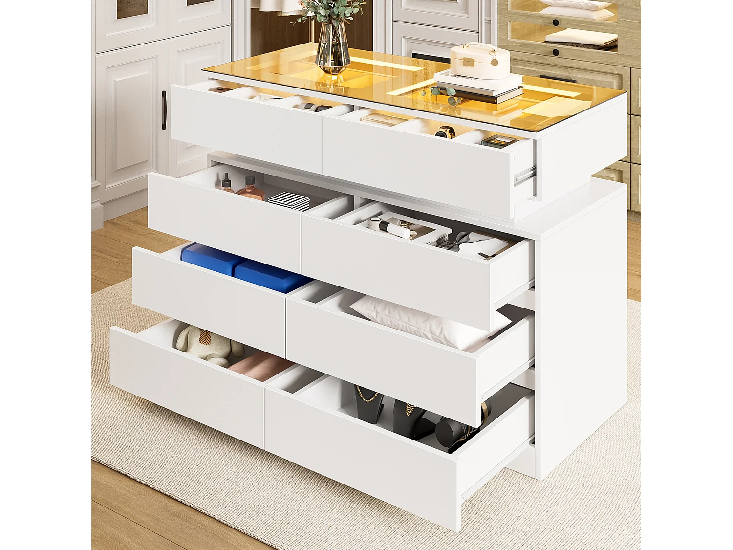 Sideboard aus Glas mit LED-Beleuchtung und 8 Schubladen – 100 x 45 x 76 cm – Glas + Spanplatte – weiß