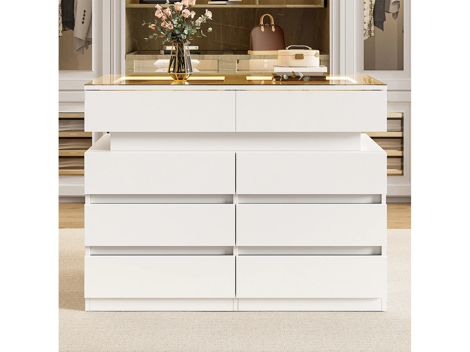 Sideboard aus Glas mit LED-Beleuchtung und 8 Schubladen – 100 x 45 x 76 cm – Glas + Spanplatte – weiß