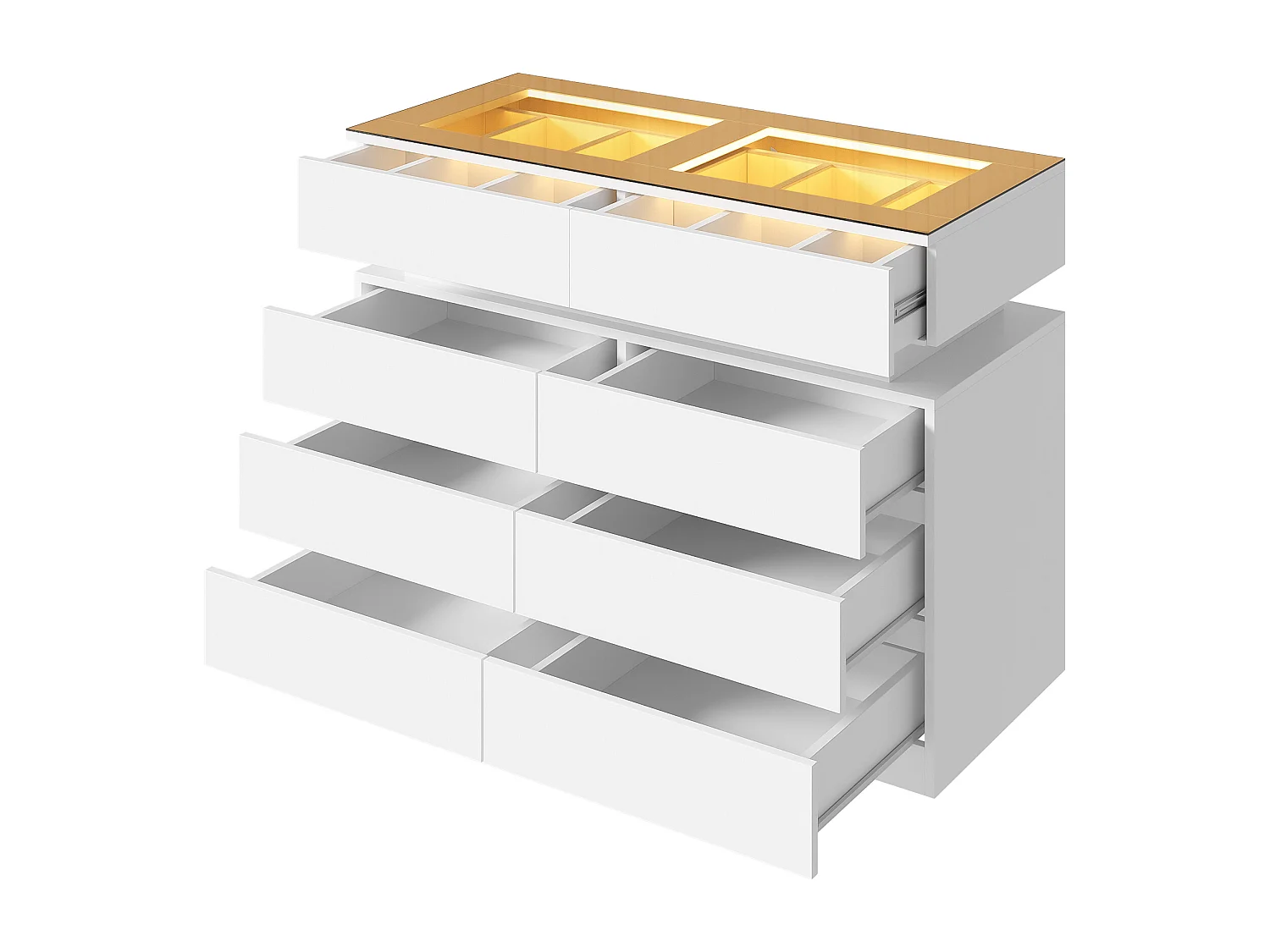 Sideboard aus Glas mit LED-Beleuchtung und 8 Schubladen – 100 x 45 x 76 cm – Glas + Spanplatte – weiß