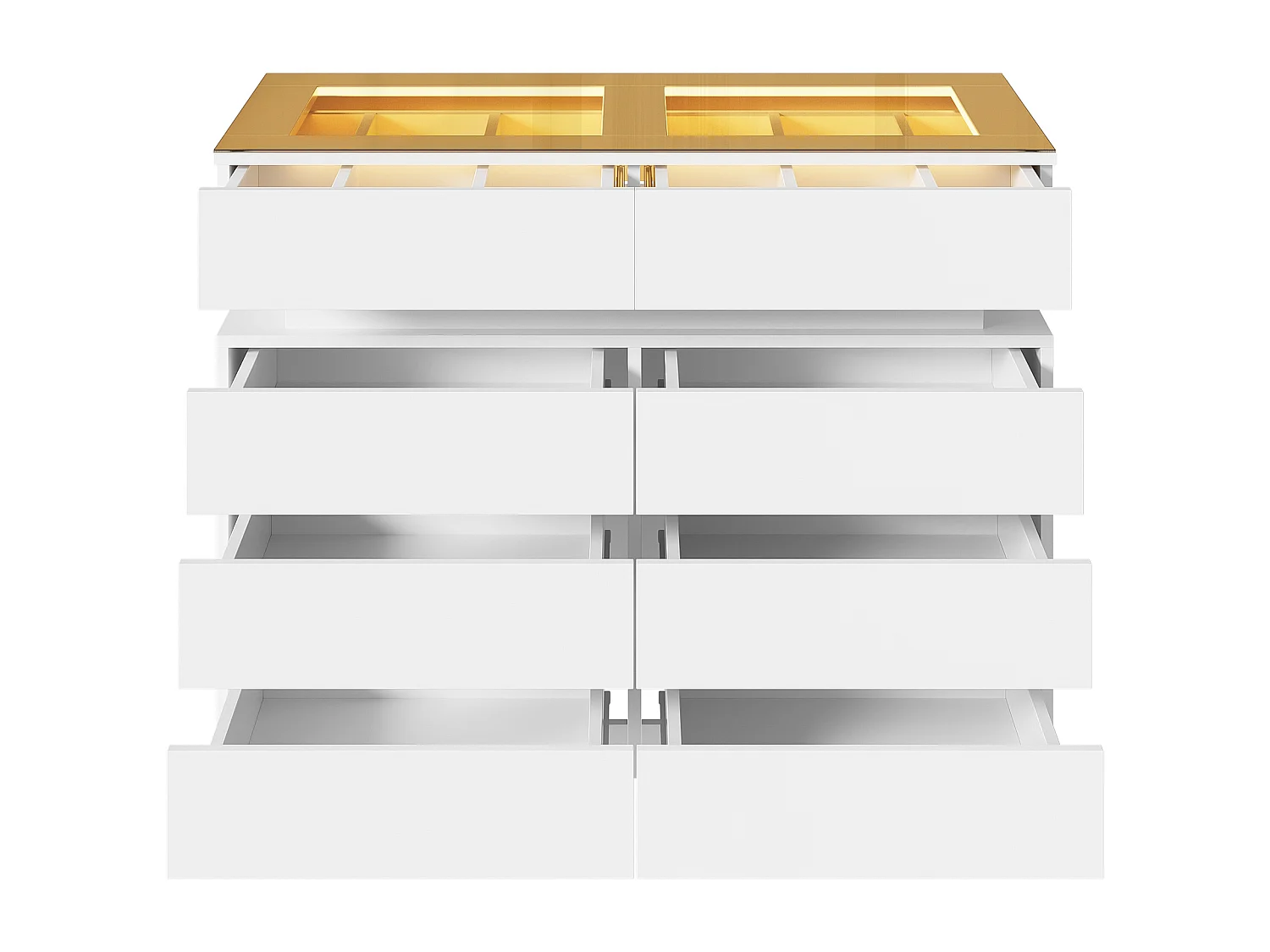 Sideboard aus Glas mit LED-Beleuchtung und 8 Schubladen – 100 x 45 x 76 cm – Glas + Spanplatte – weiß