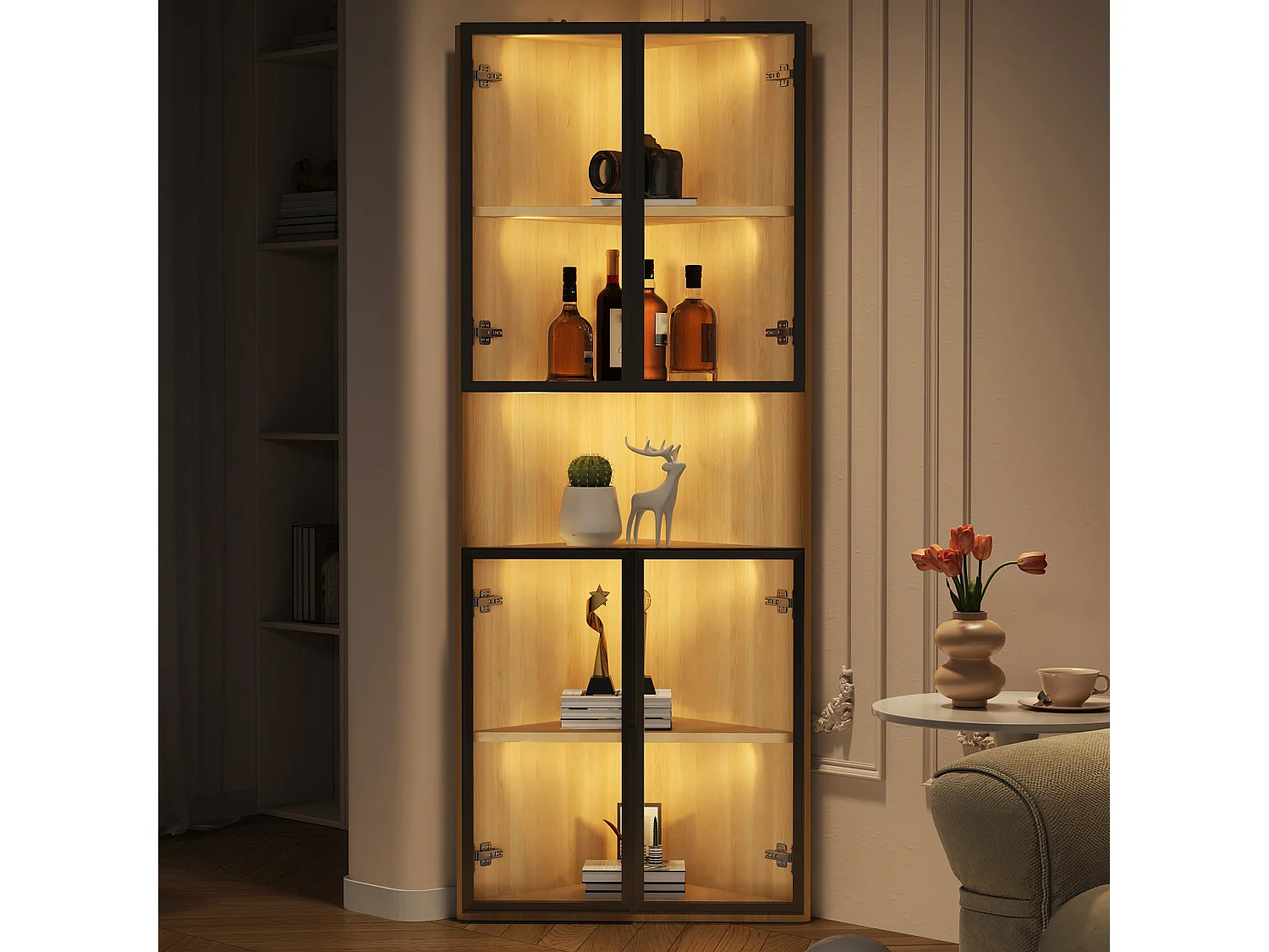Eckvitrine aus Glas – 62 x 32 x 160 cm – mit LEDs + Tür – MDF + Glas – natur