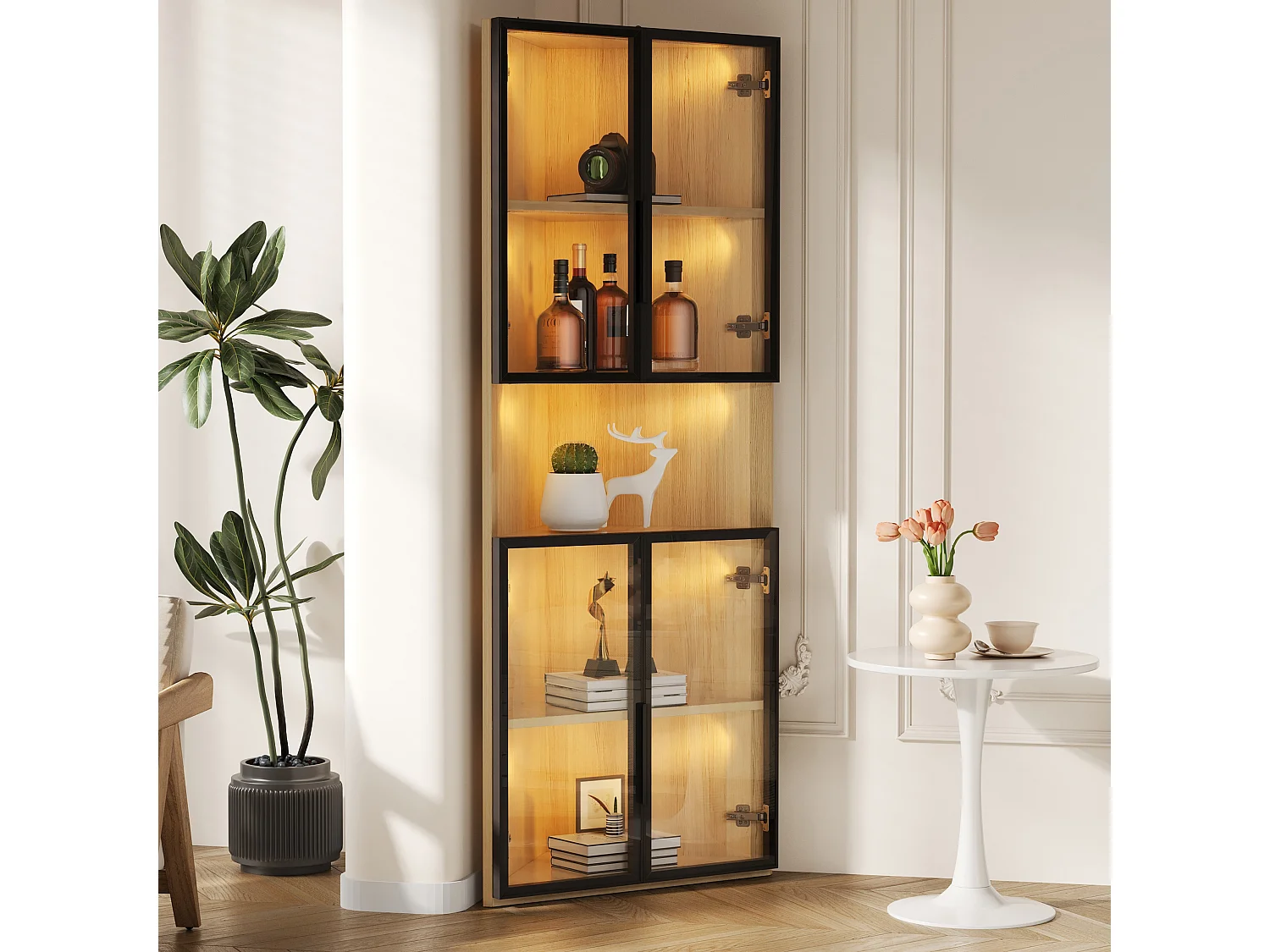 Eckvitrine aus Glas – 62 x 32 x 160 cm – mit LEDs + Tür – MDF + Glas – natur