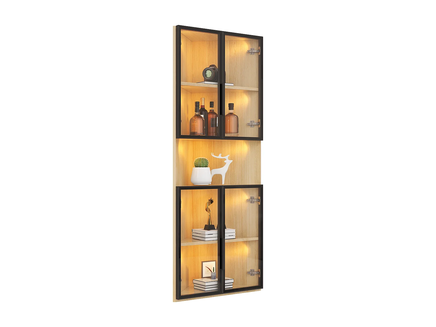 Eckvitrine aus Glas – 62 x 32 x 160 cm – mit LEDs + Tür – MDF + Glas – natur