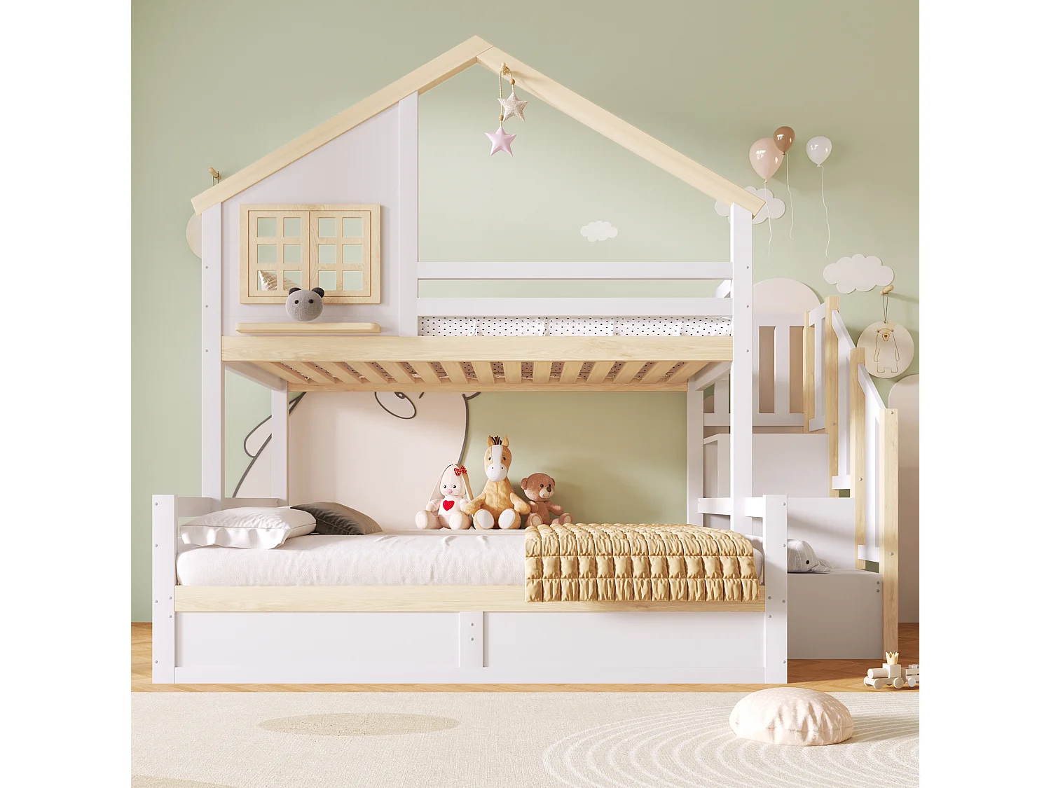 Litera infantil - 90 x 200 cm + 140 x 200 cm - con camas hidráulicas + escalera de almacenamiento - madera - blanca